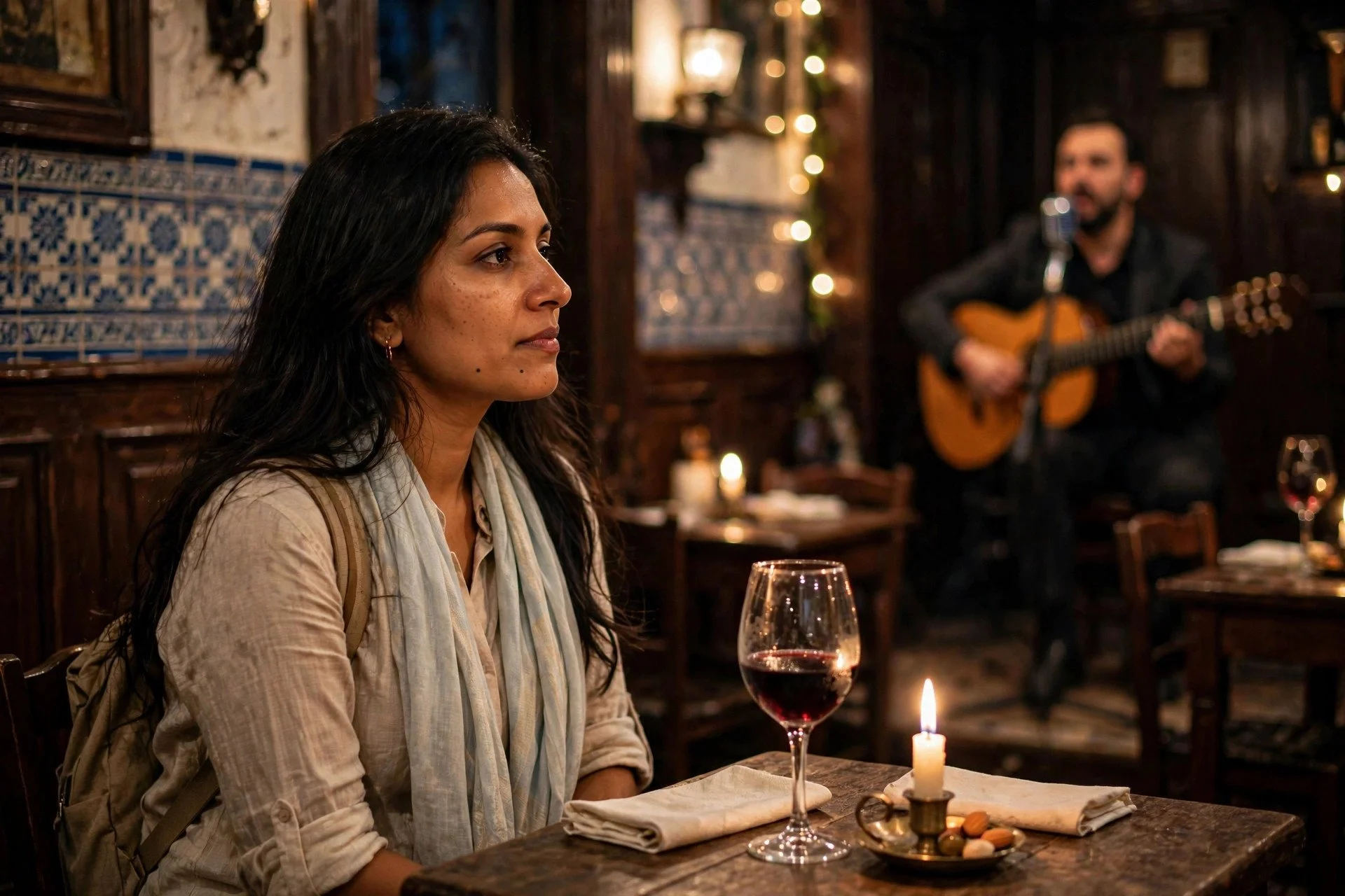 Woman seated alone at a candlelit table with a glass of red wine, a guitarist performing in the background.