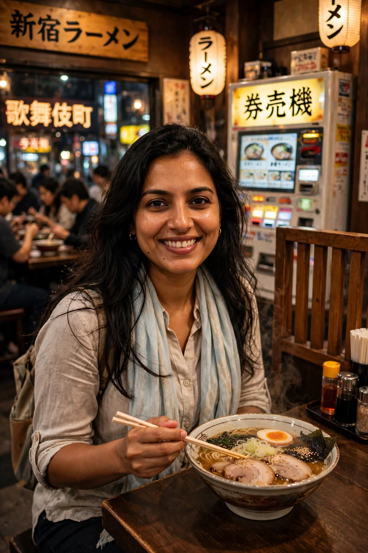 A woman eating ramen at a wooden counter in a Tokyo ramen shop at night, steam rising.