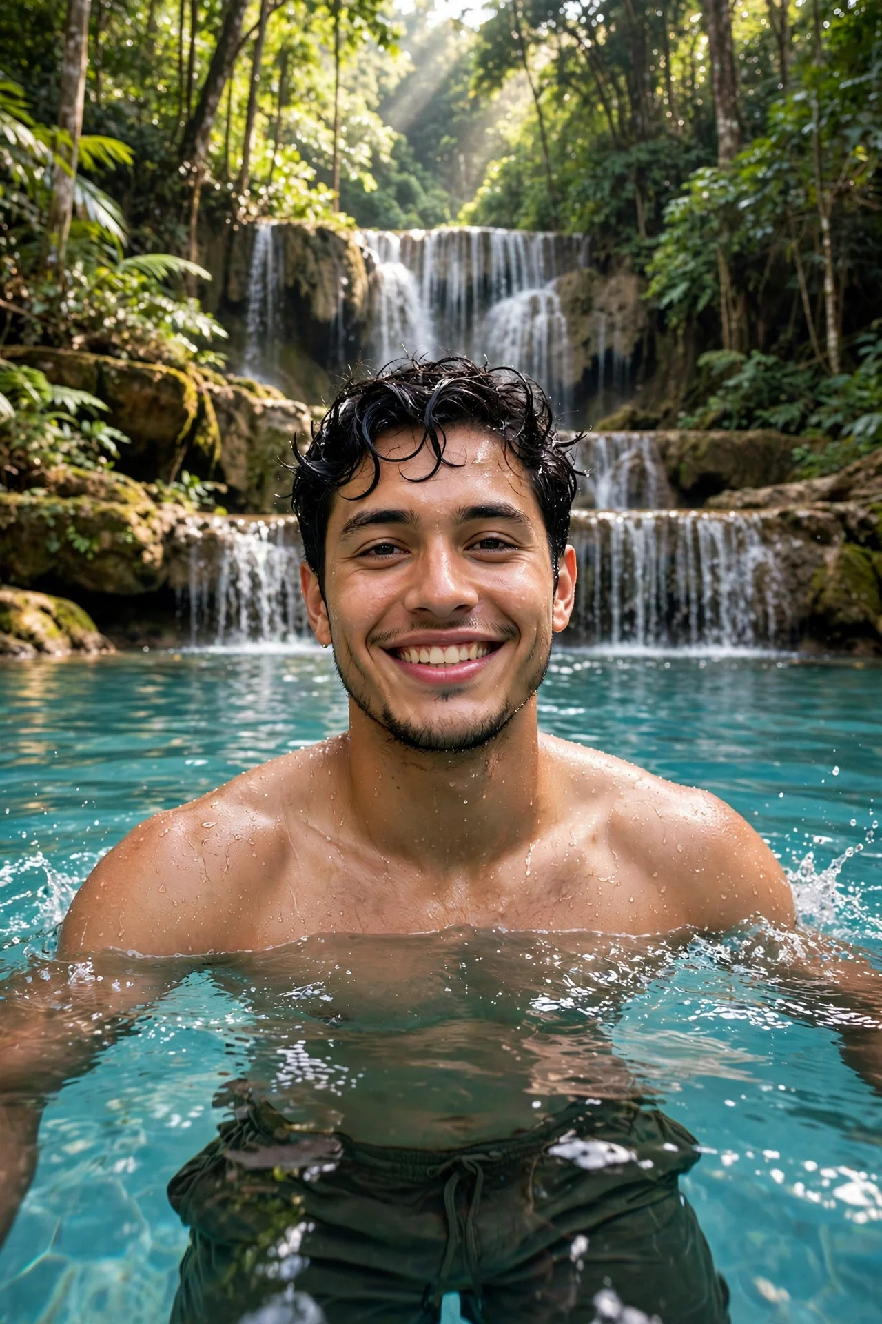 Smiling shirtless man standing waist-deep in a turquoise pool below a tiered jungle waterfall.