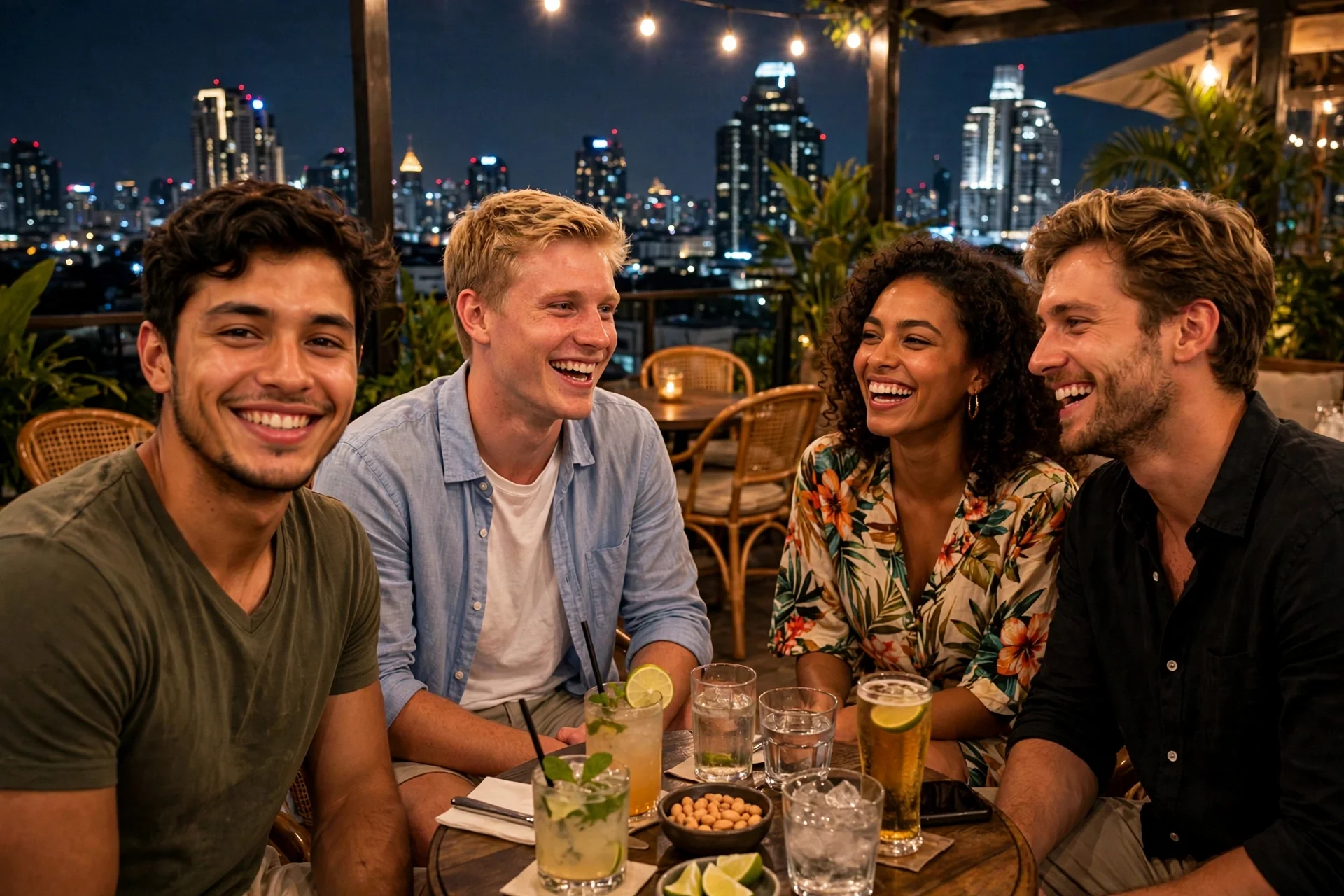 Four people laughing at a rooftop bar table at night, with cocktails and the lit-up Bangkok skyline behind them.