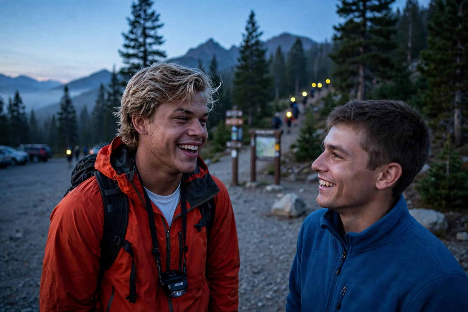 Two hikers laughing at a trailhead before sunrise, with a trail sign, parked cars and a line of headlamps climbing the forested slope behind them.