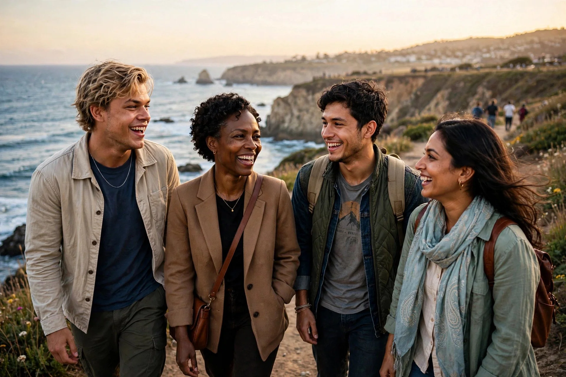 A group of five diverse friends walking along a coastal trail at sunset, smiling and talking, with cliffs and the ocean in the background.