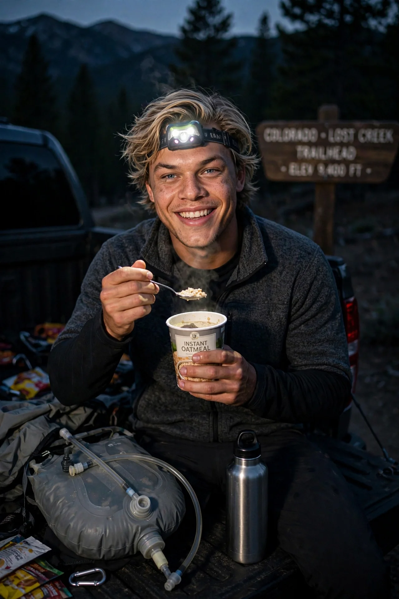 Finn eating instant oatmeal at a truck tailgate at a pre-dawn trailhead, headlamp on, with a water reservoir and bottle beside him