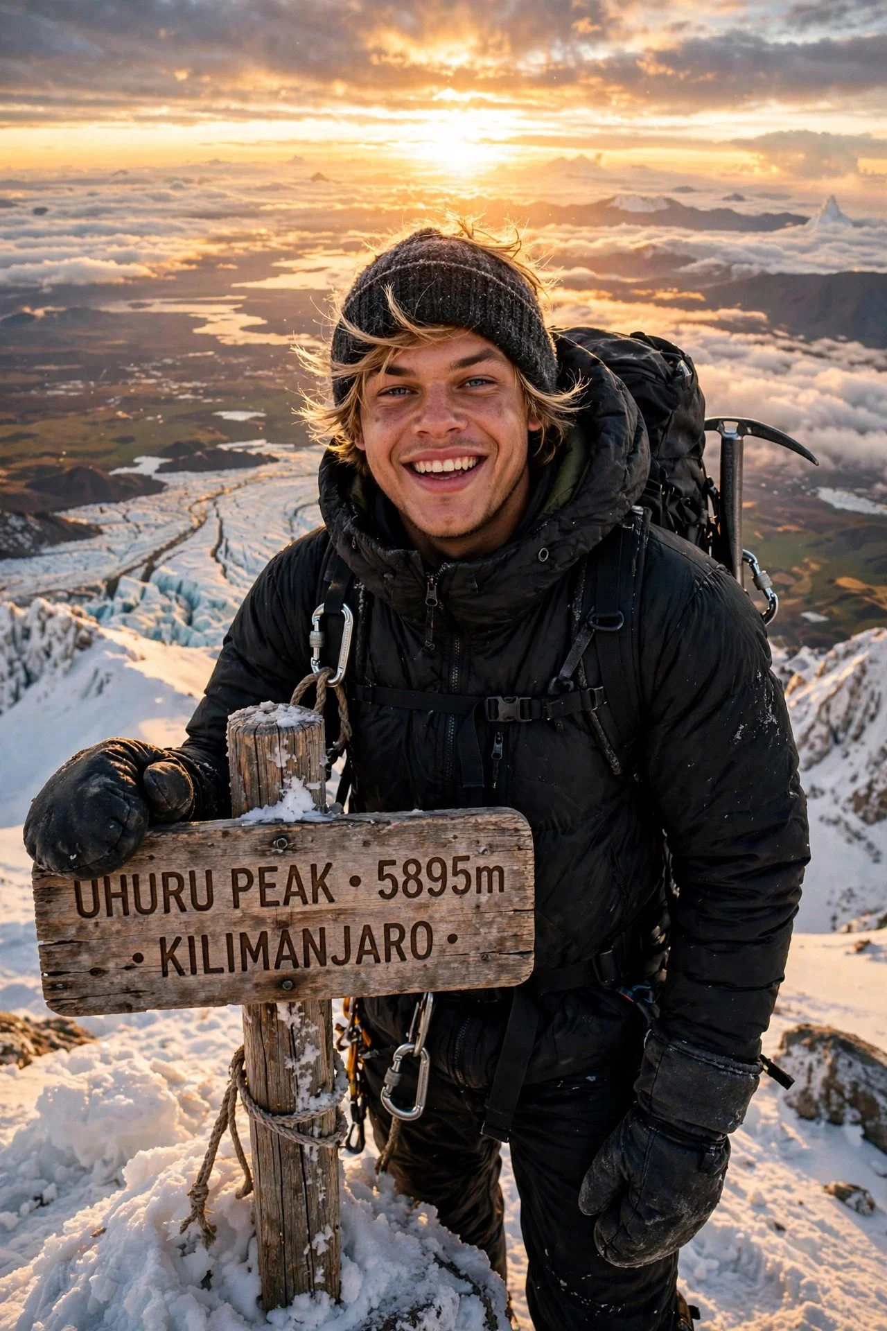 Man in a black beanie and down jacket beside the Uhuru Peak sign, glaciers and sunrise behind him.