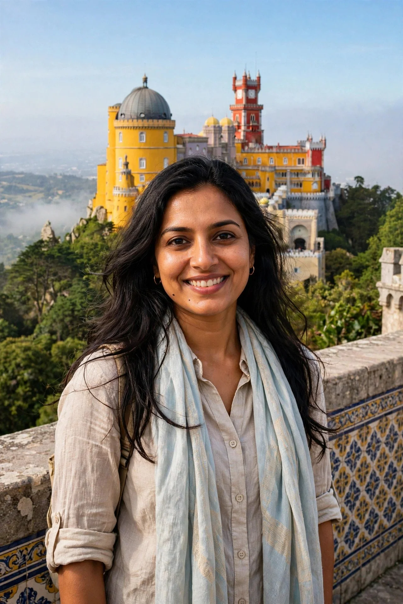 Smiling woman on a tiled terrace with the yellow and red Pena Palace rising from forest behind her.