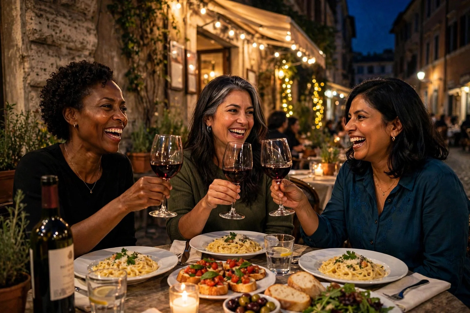 Three women toasting with red wine over plates of pasta and bruschetta at an outdoor trattoria lit by string lights.