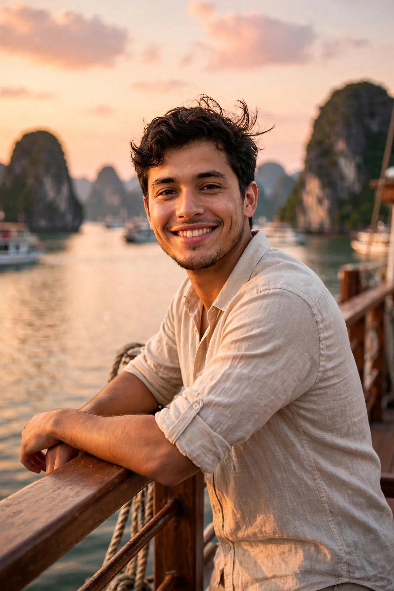 A smiling young man in a linen shirt leaning on a cruise boat rail at sunset with limestone karsts behind him.