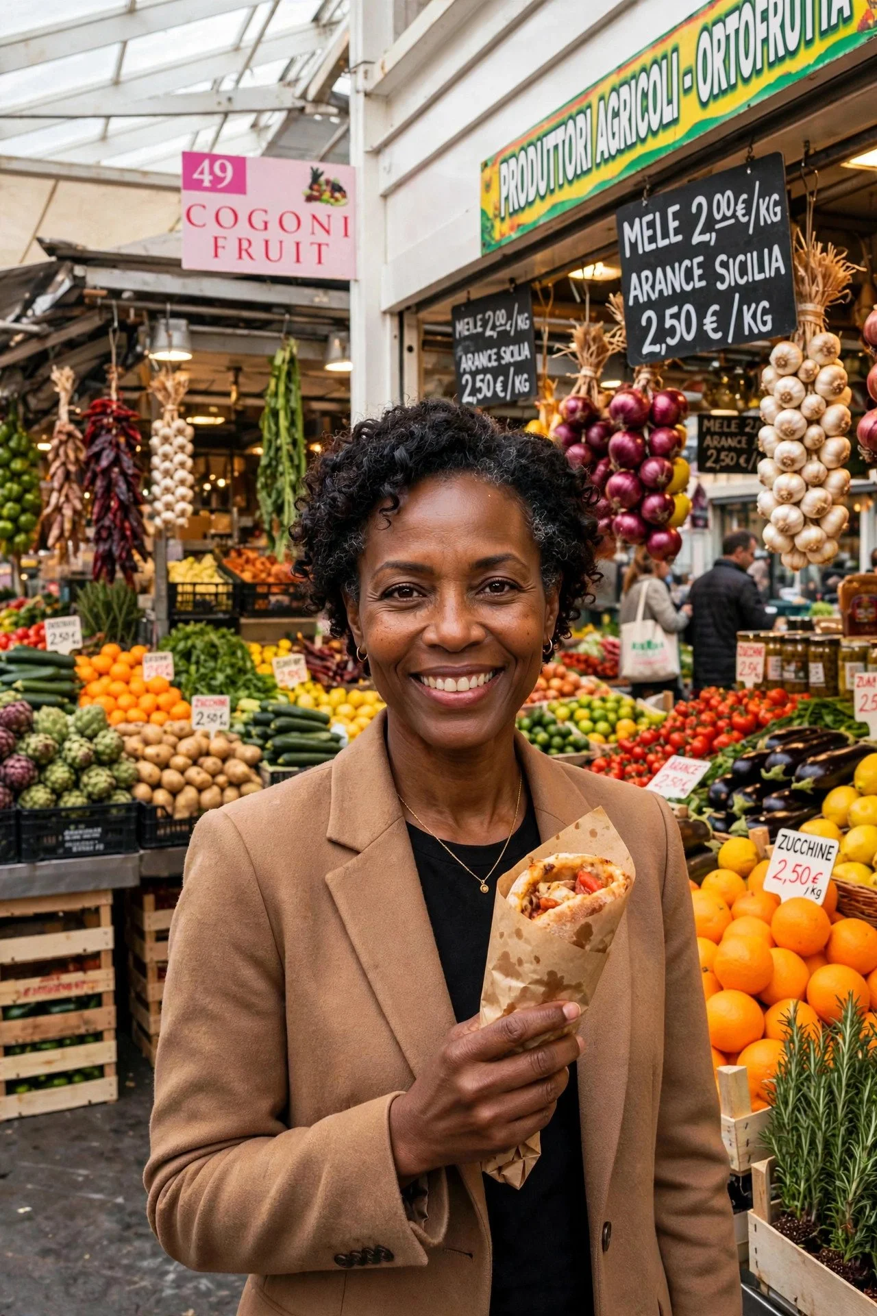 Smiling woman holding a paper-wrapped sandwich in front of produce stalls at a Rome market.