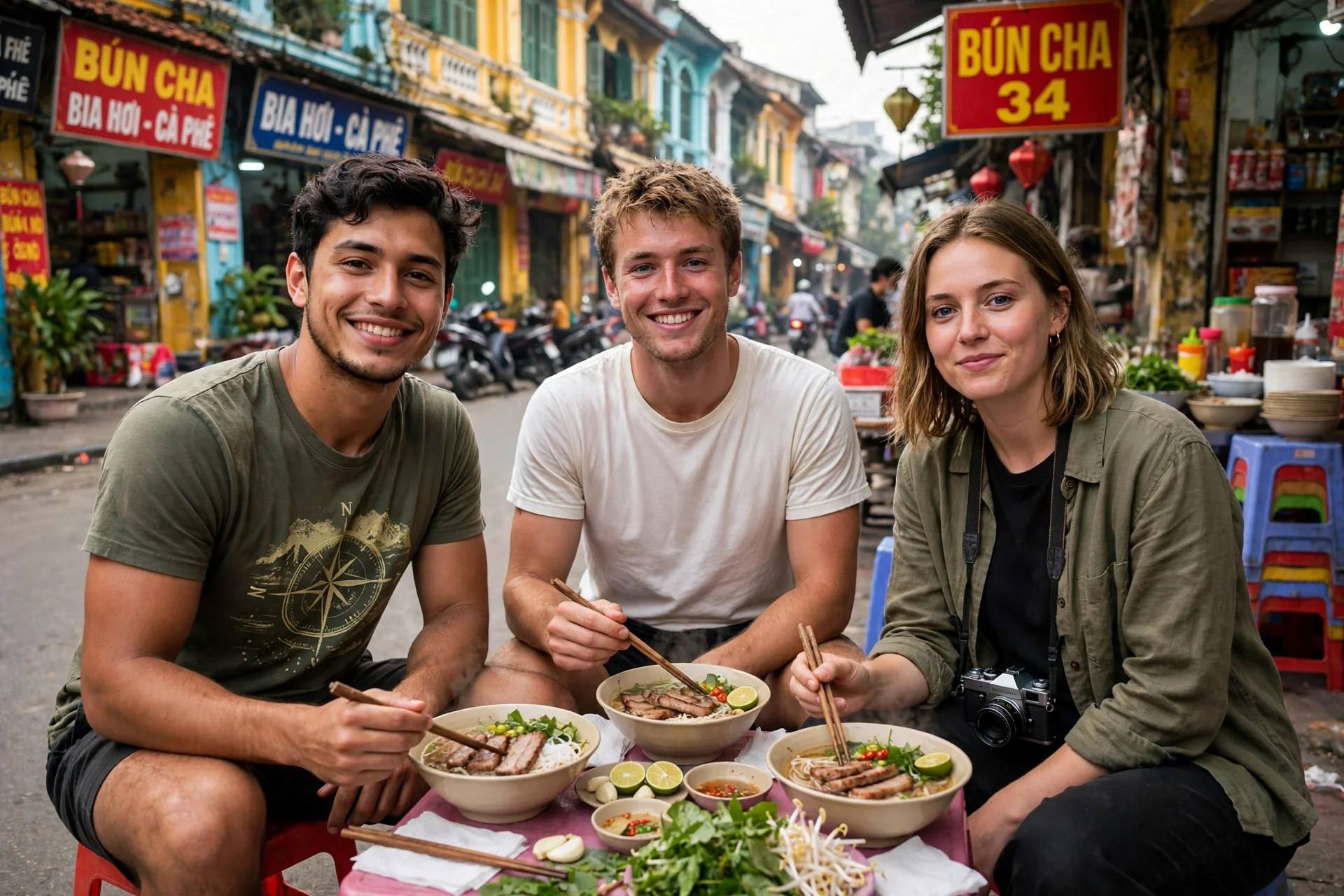 Three young backpackers smiling at a Hanoi street food stall with bowls of noodles.