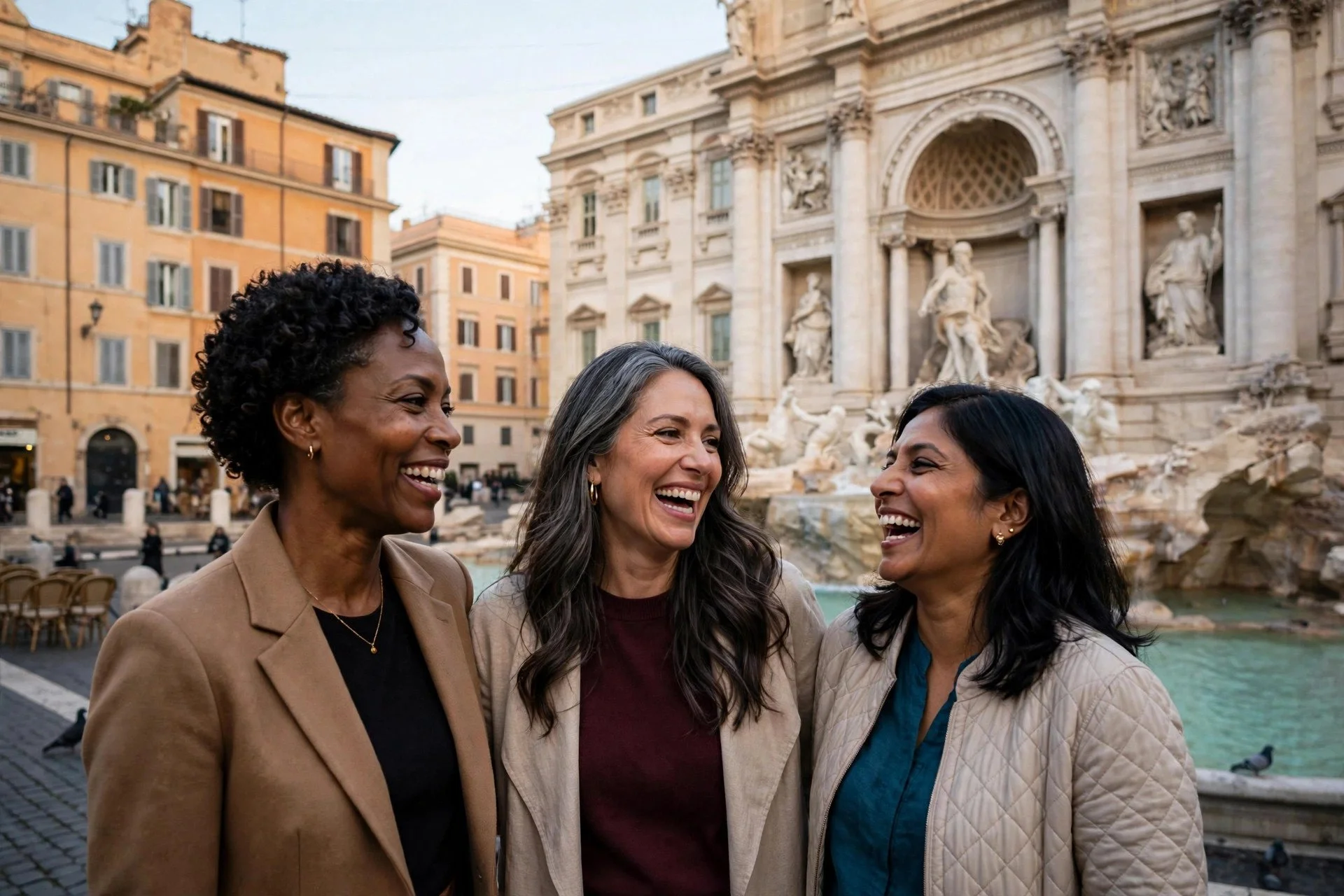 Three women laughing in front of the Trevi Fountain in daylight.