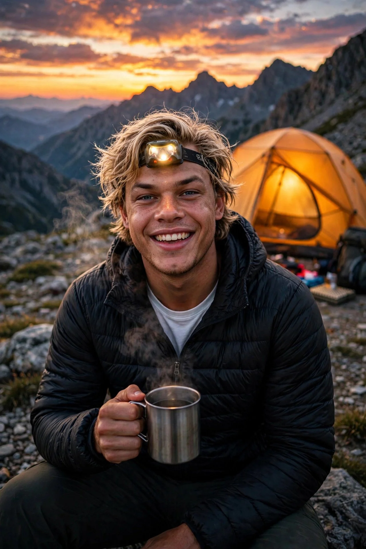Man in a headlamp and black parka holding a steaming metal mug in front of an orange tent at a rocky camp.