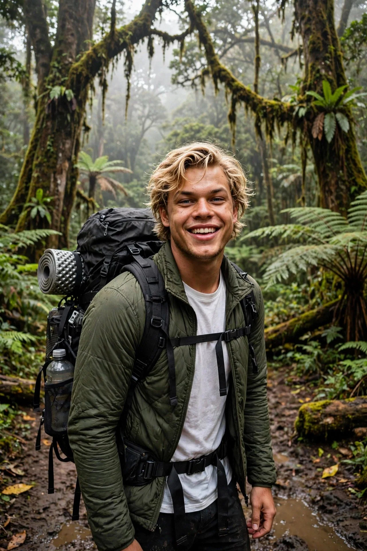 Smiling man with wavy blond hair, green jacket and black backpack on a muddy rainforest trail with ferns and hanging moss.