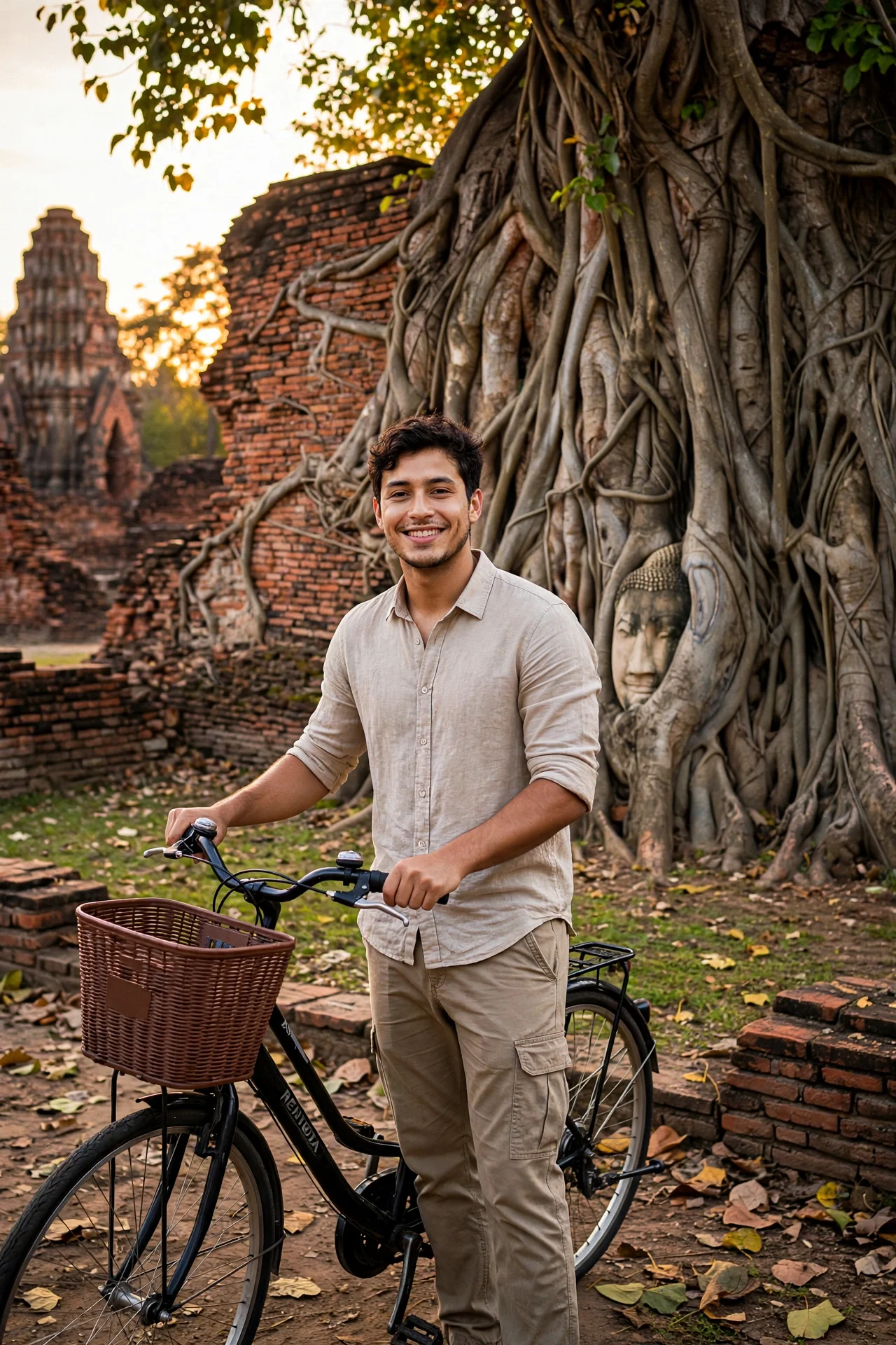 Man standing with a basket bicycle beside ancient brick ruins wrapped in giant banyan roots.