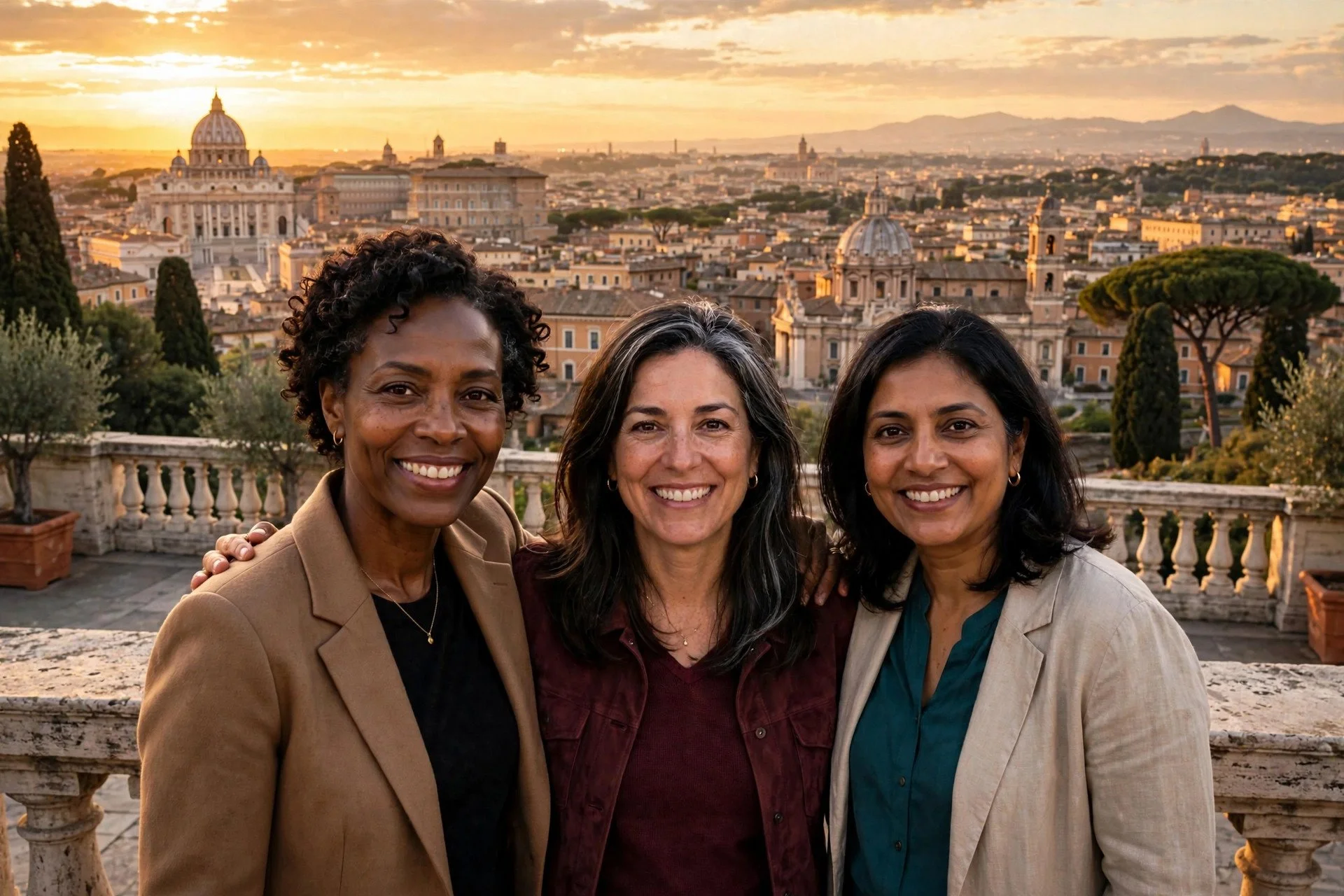 Three smiling women with arms around each other on a Rome terrace at sunset, St. Peter's dome and rooftops behind them.