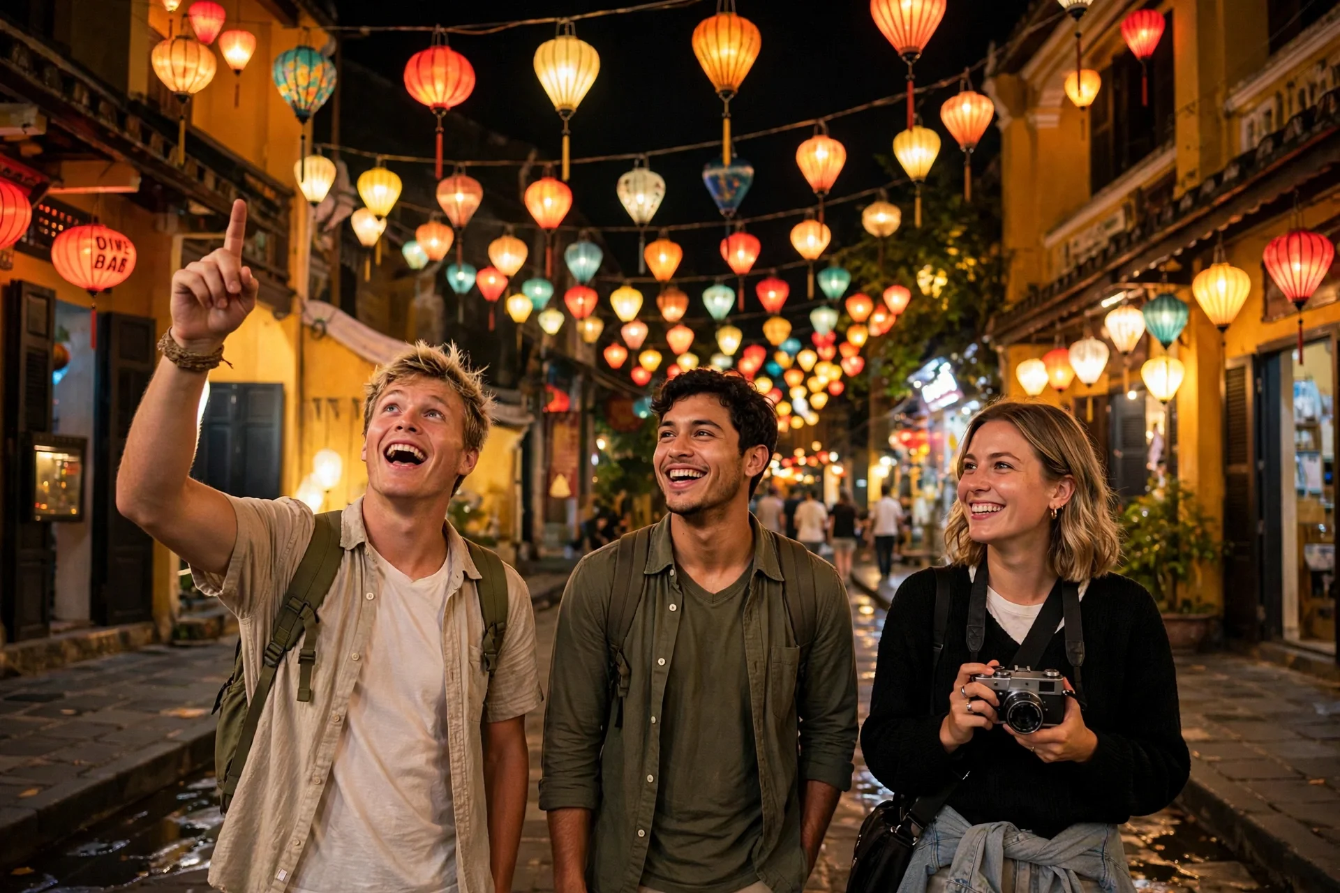 Three friends laughing on a street strung with colorful glowing lanterns in Hoi An at night.