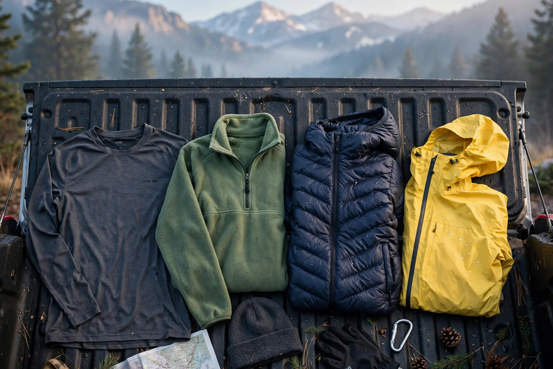 Four hiking layers — base layer, fleece, puffy jacket and rain shell — laid out on a truck tailgate at a trailhead, with a beanie, gloves and a map