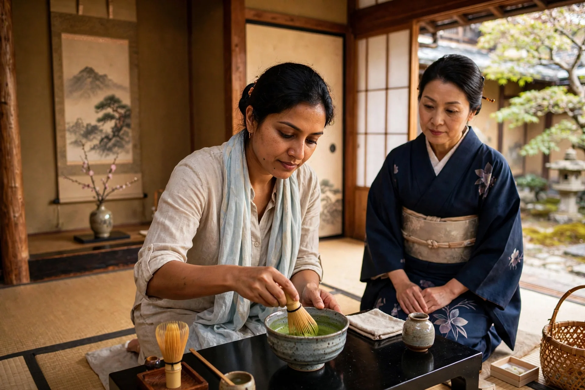 A woman whisking matcha in a tea ceremony in a Kyoto machiya with a kimono-clad host.