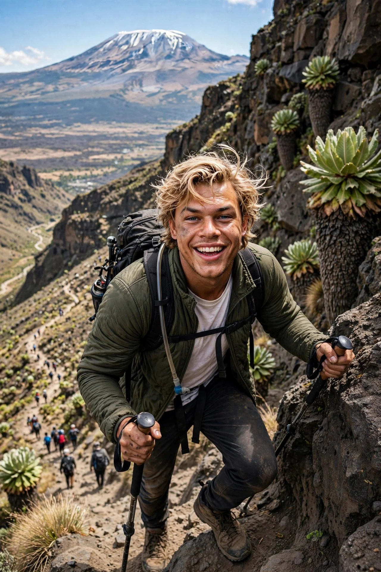 Hiker with trekking poles on a steep rocky ridge with giant groundsels, trekkers below and Kilimanjaro's summit behind.