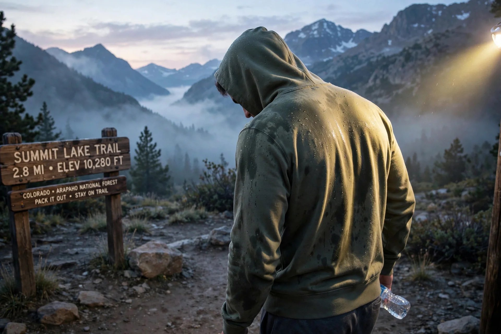 A young man in a damp cotton hoodie holding a single small water bottle at a trailhead at dawn, photographed from behind