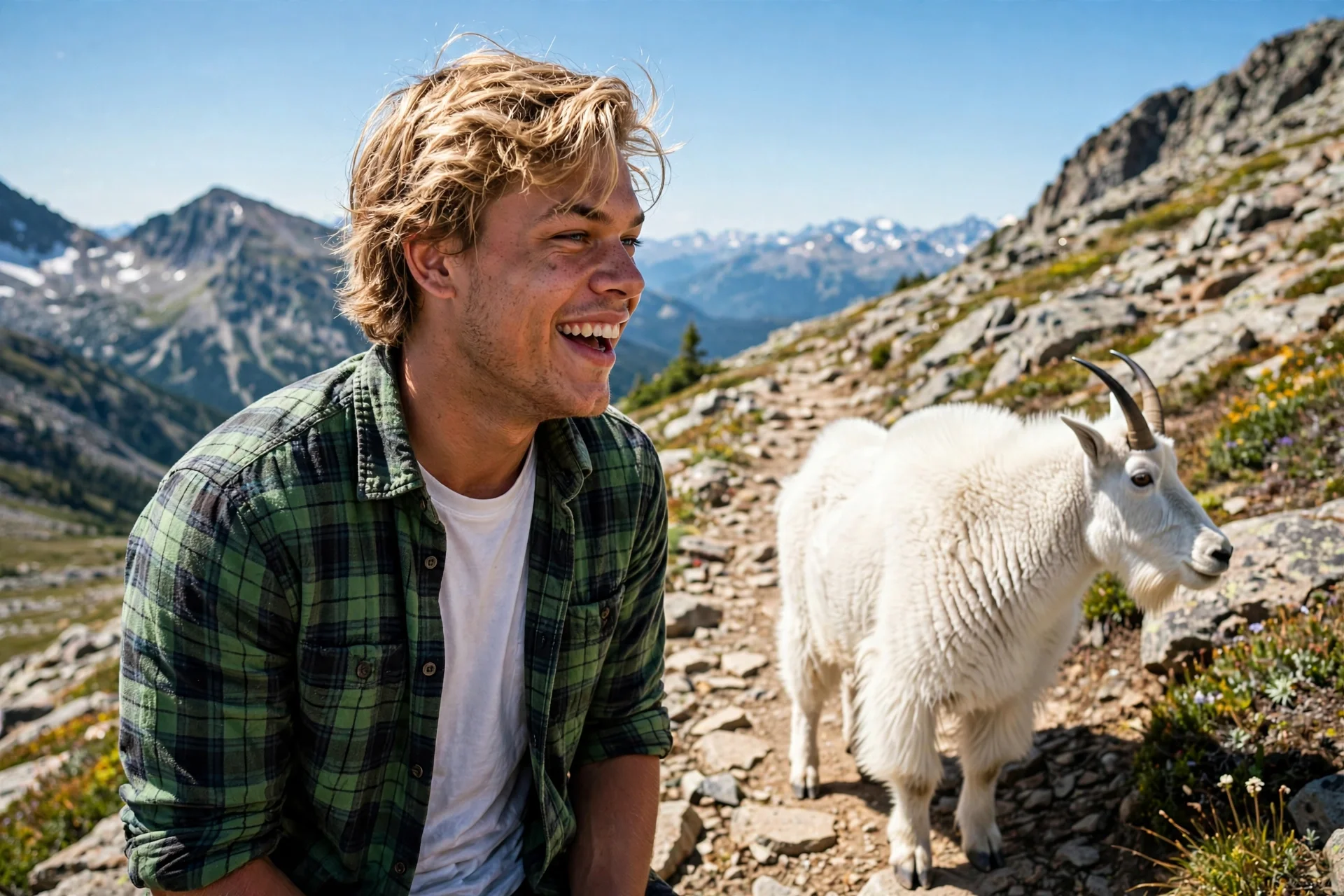 A hiker laughing on a rocky mountain trail beside a white mountain goat, with snow-dusted peaks in the background.