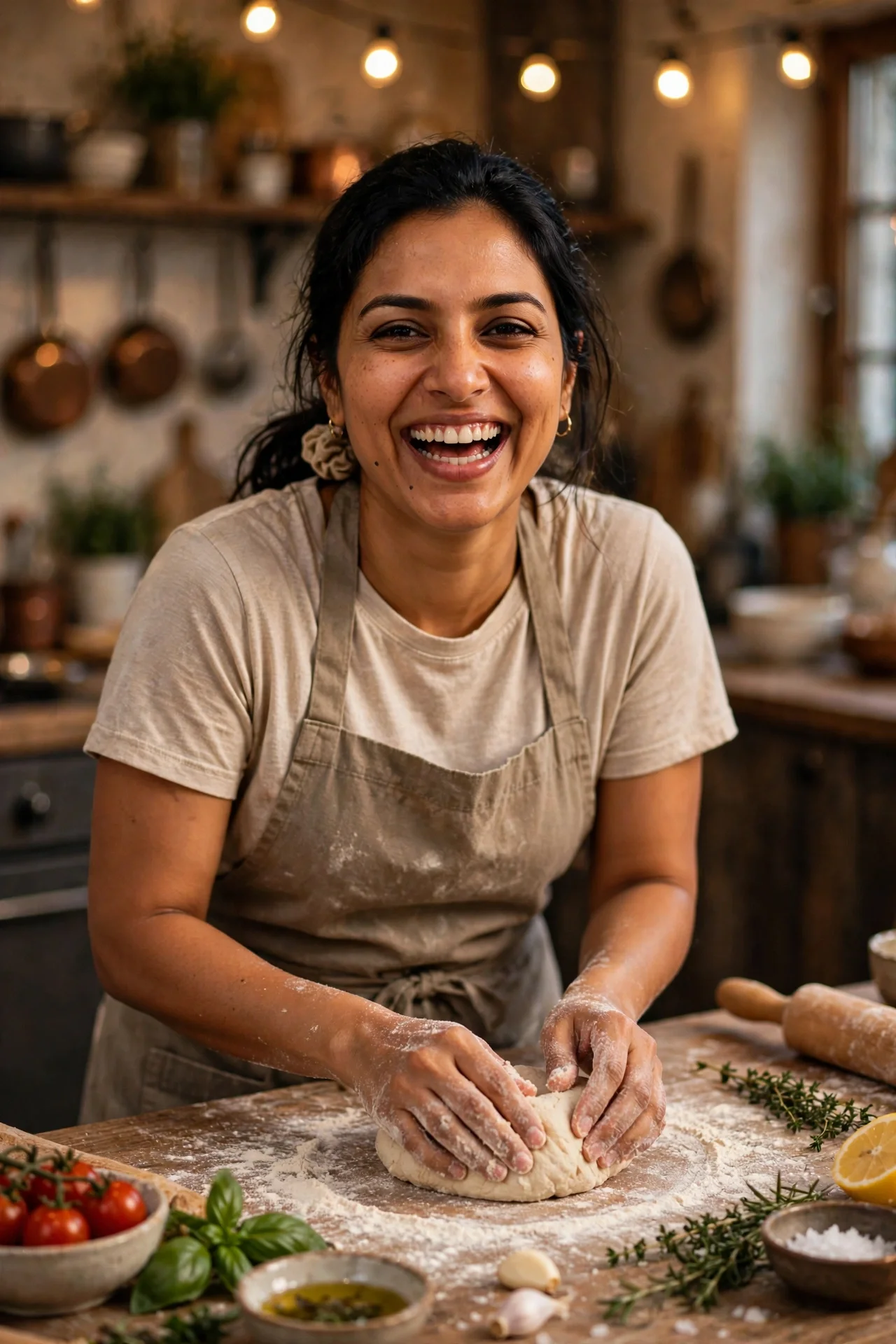 Maya laughing as she kneads dough at a cooking class in a rustic kitchen