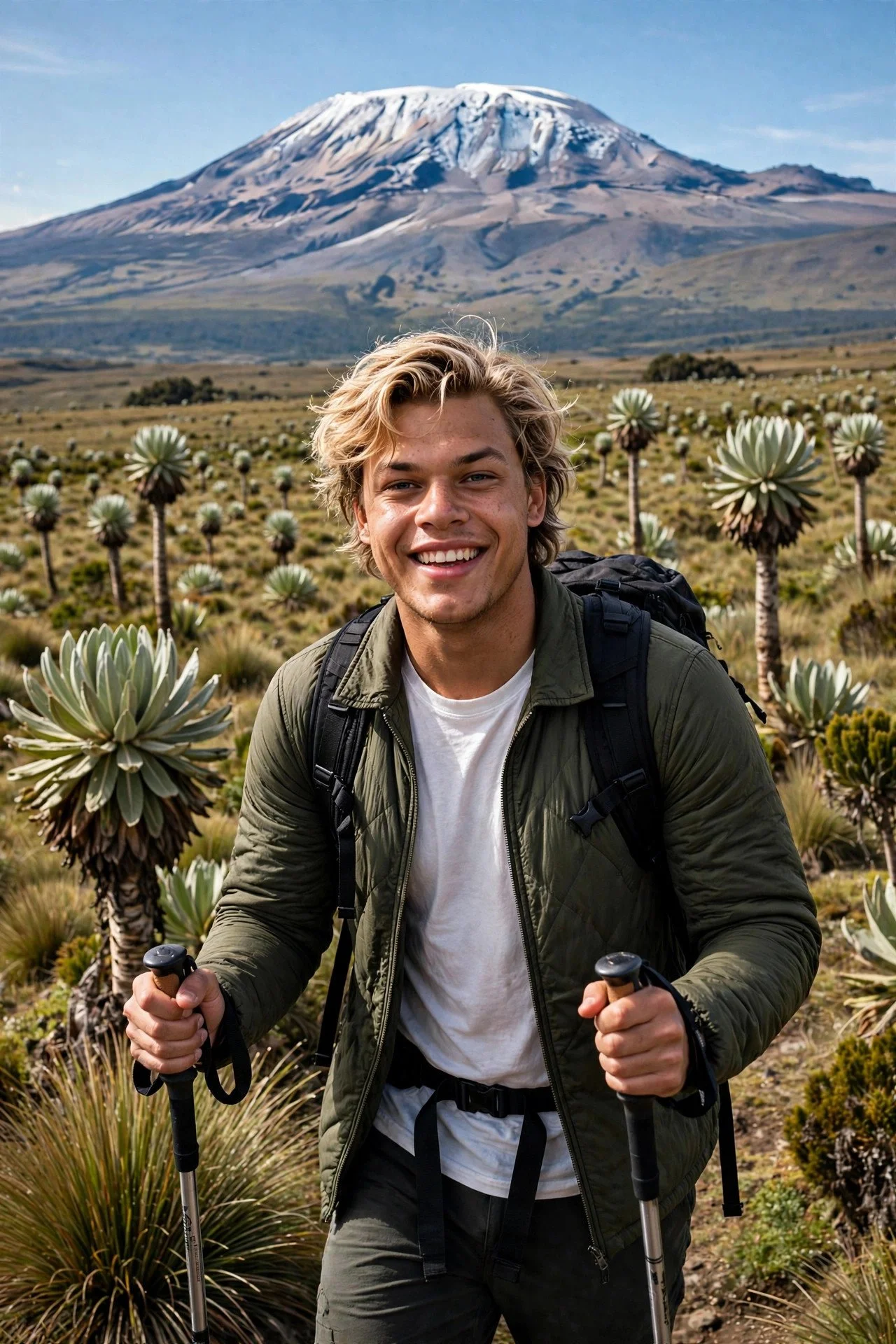 Hiker with trekking poles among giant groundsel plants on open moorland, snow-capped Kilimanjaro behind him.