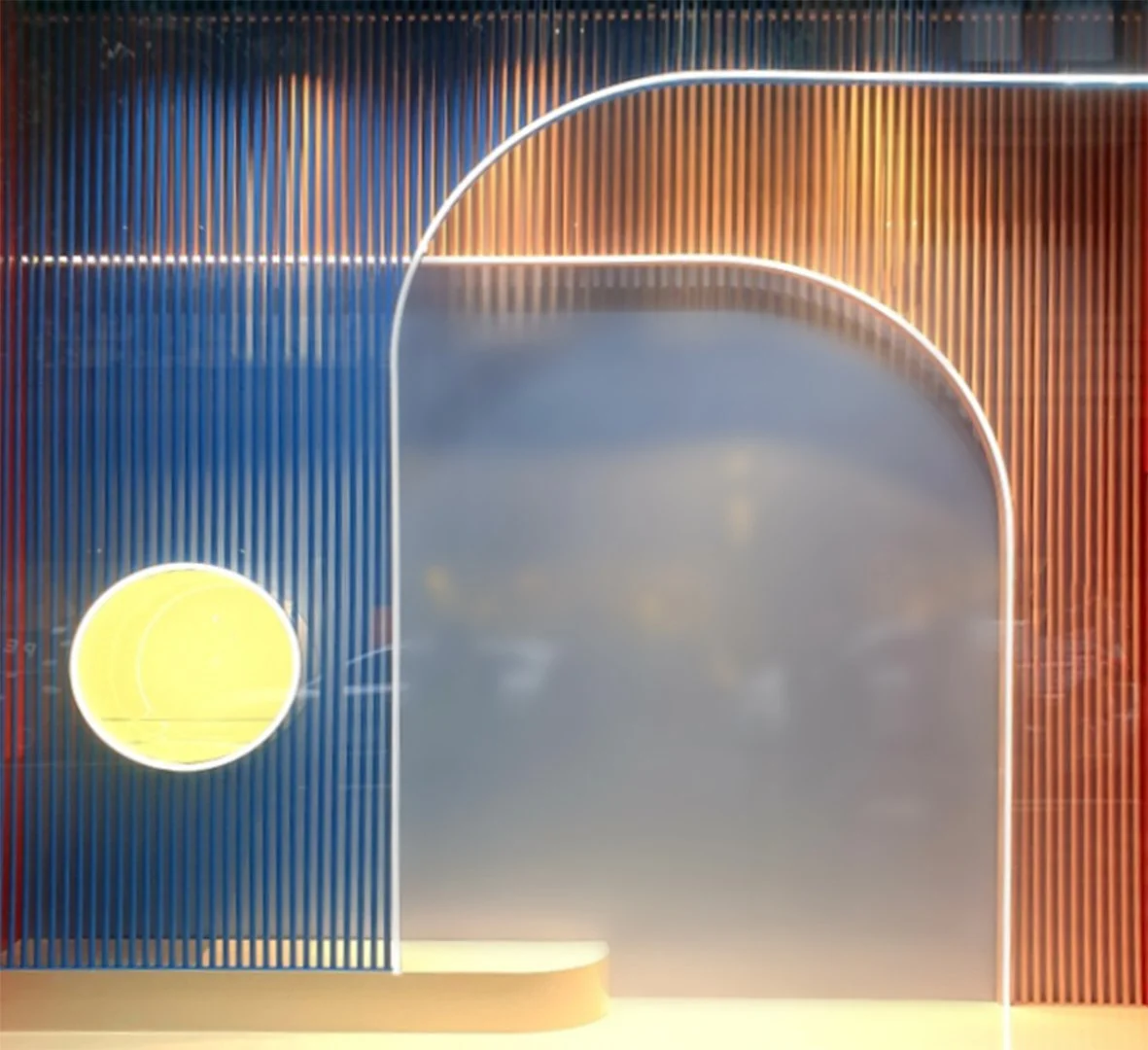 Custom high end luxury retail brands window dressing, installation. Colorful modern wall with vertical slats, illuminated abstract shapes, including a yellow circle and curved light strip. HR Productions Sydney