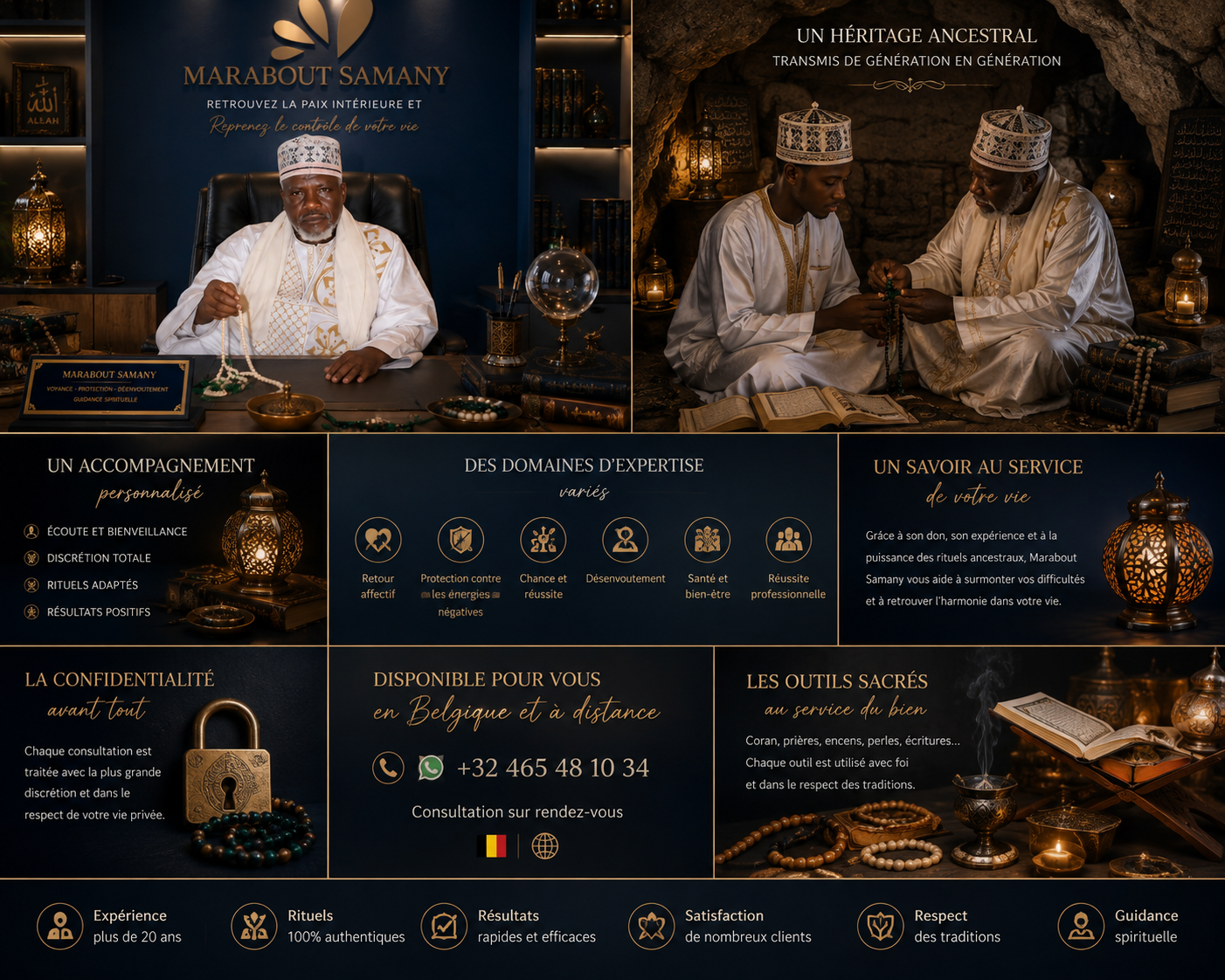 Une affiche promotionnelle pour les services de Marabout Samany, des spécialistes en spiritualité et rituels religieux, avec des images de personnes en tenue traditionnelle musulmane, des objets rituels, des livres religieux et des lampes décoratives.