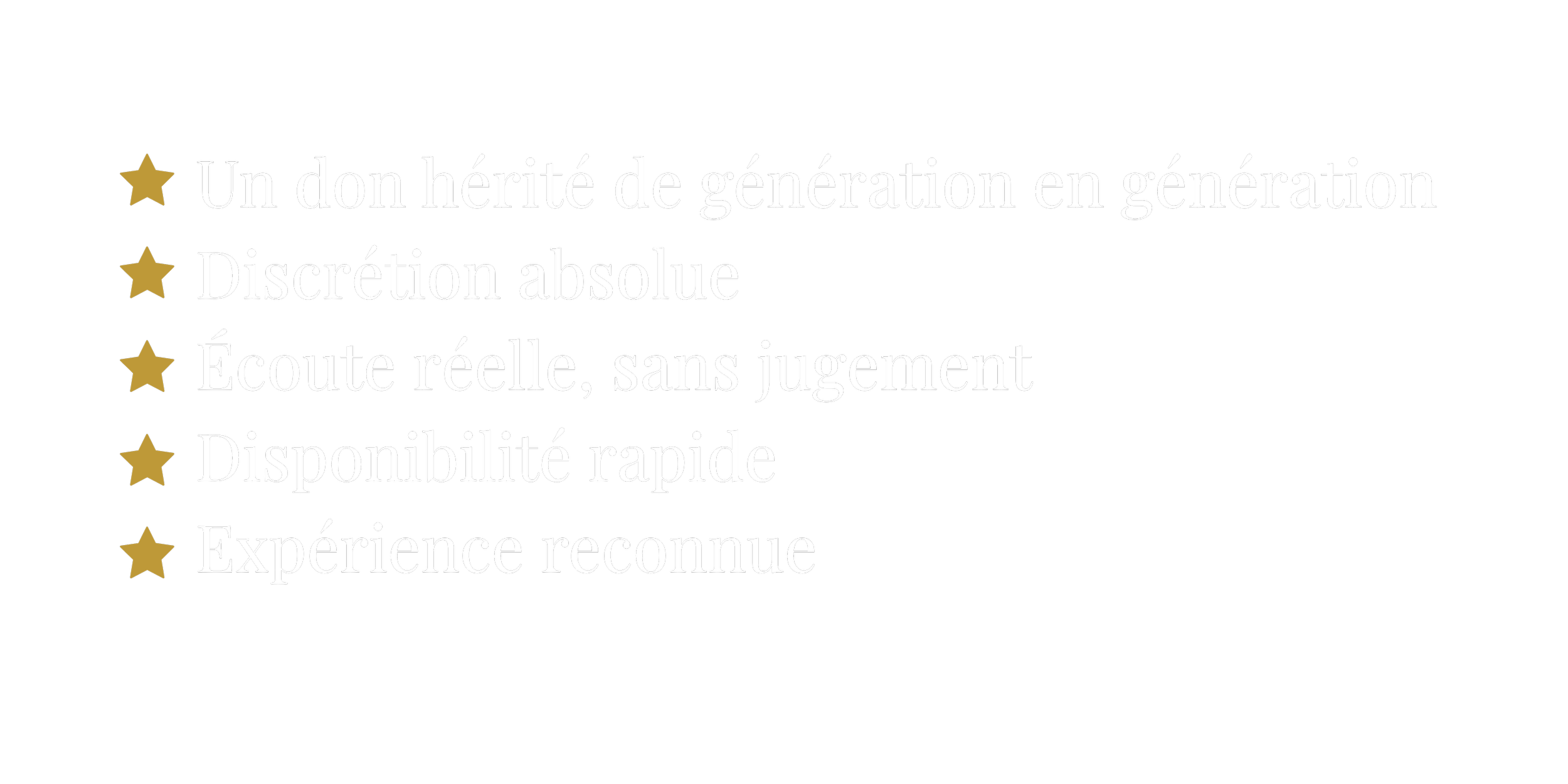 Liste de points en français avec des étoiles en or à côté de chaque ligne, sur fond noir.