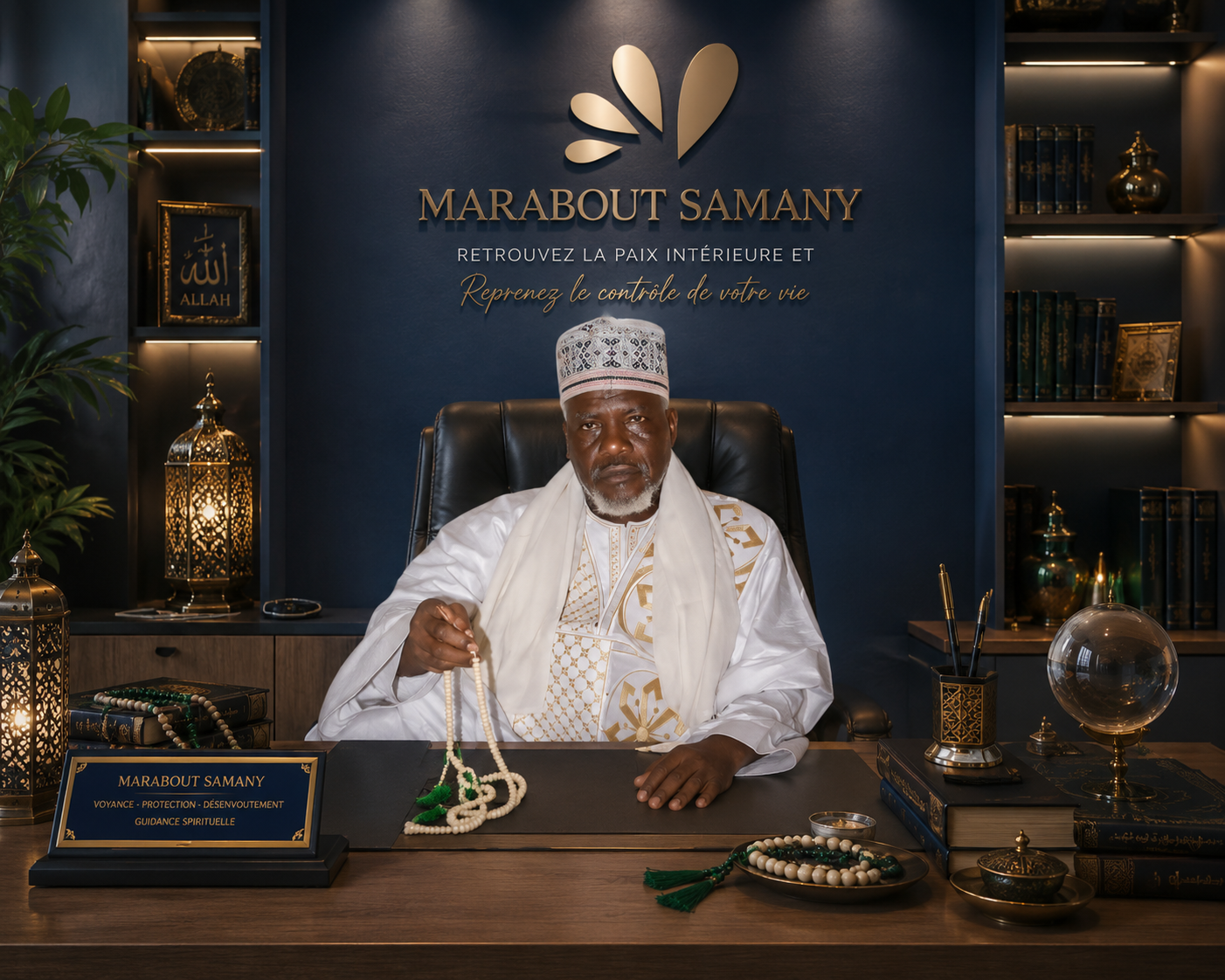 Un homme en vêtements traditionnels assis derrière un bureau, entouré de livres, de lampes décoratives et d'objets spirituels dans une ambiance sombre et élégante.