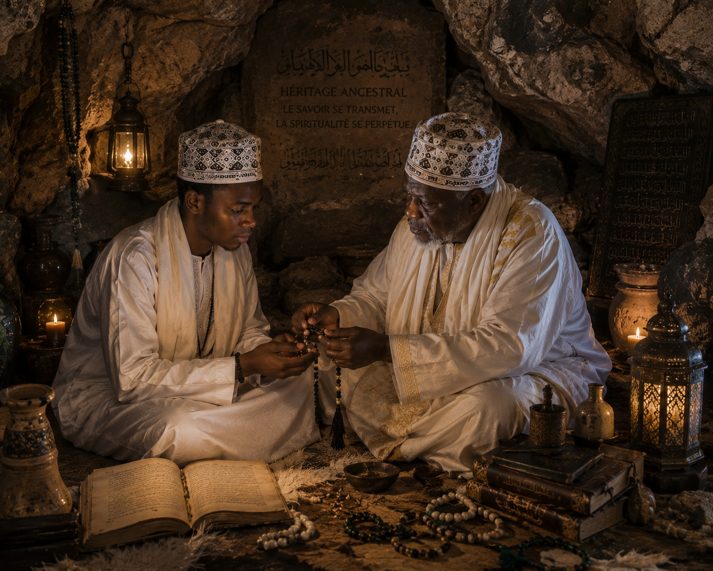 Deux hommes portant des vêtements traditionnels musulmans, assis dans une grotte, échangeant un chapelet, entourés de livres, de bougies et d'objets religieux.