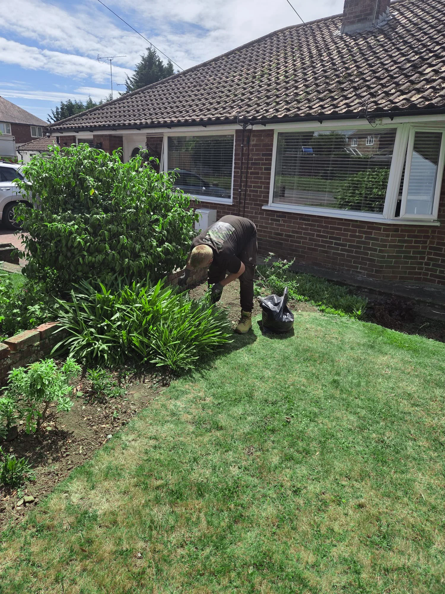 A person working in a garden in front of a brick house with large windows. The person appears to be planting or tending to plants, and there are various green plants and a bush in the yard. The sky is partly cloudy.