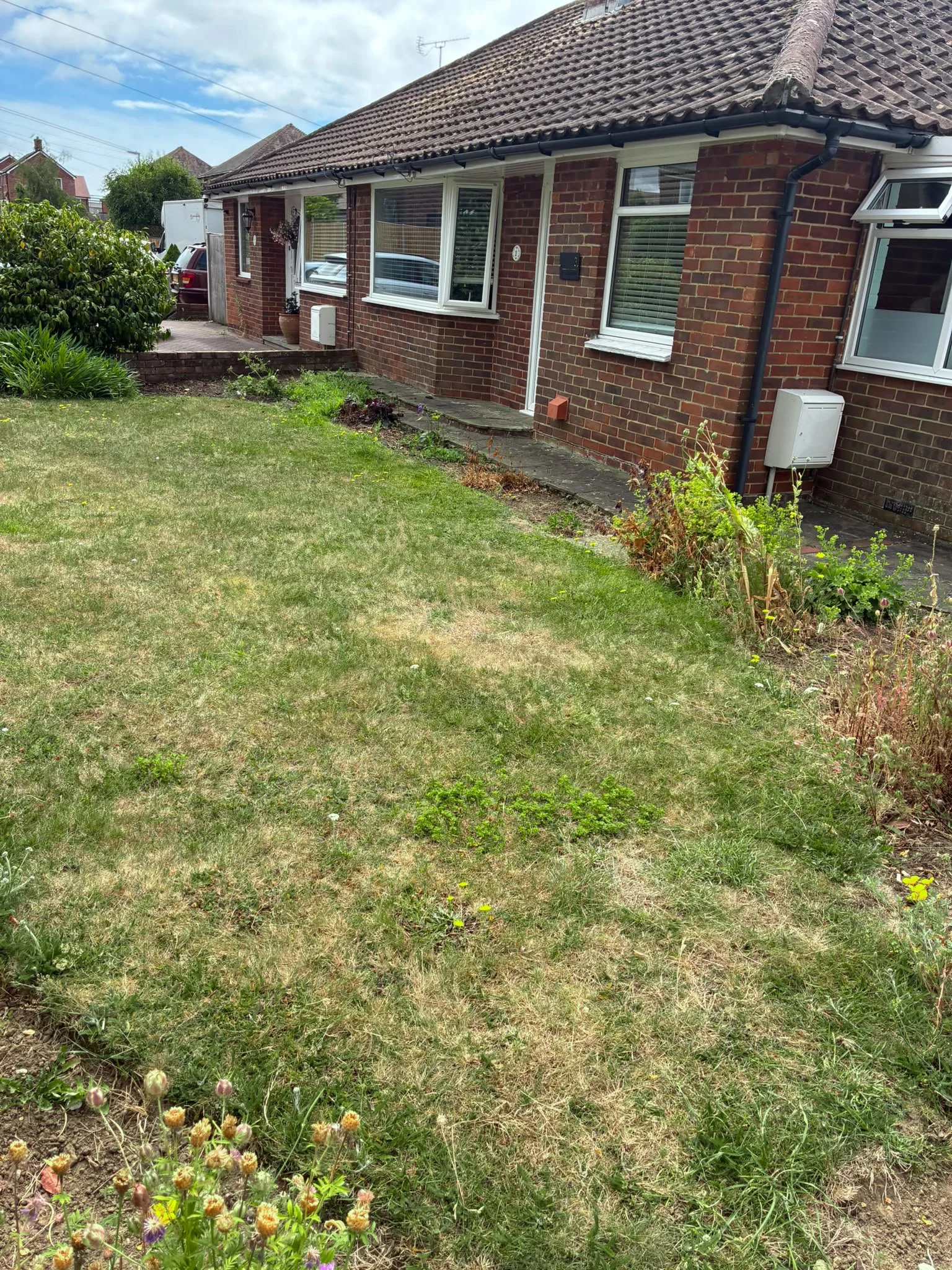 A backyard with a patchy grass lawn, some flower beds, and small plants. The house is a brick bungalow with a tiled roof and several windows, some with blinds. A patio runs along the house, and a black rain gutter downspout is visible. There are some parked cars and bushes in the background under a partly cloudy sky.