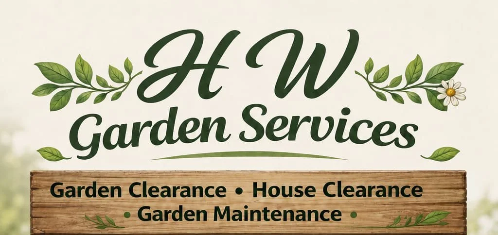 Sign for H W Garden Services with green leaves, white daisy, and wooden background listing services like garden and house clearance and maintenance.