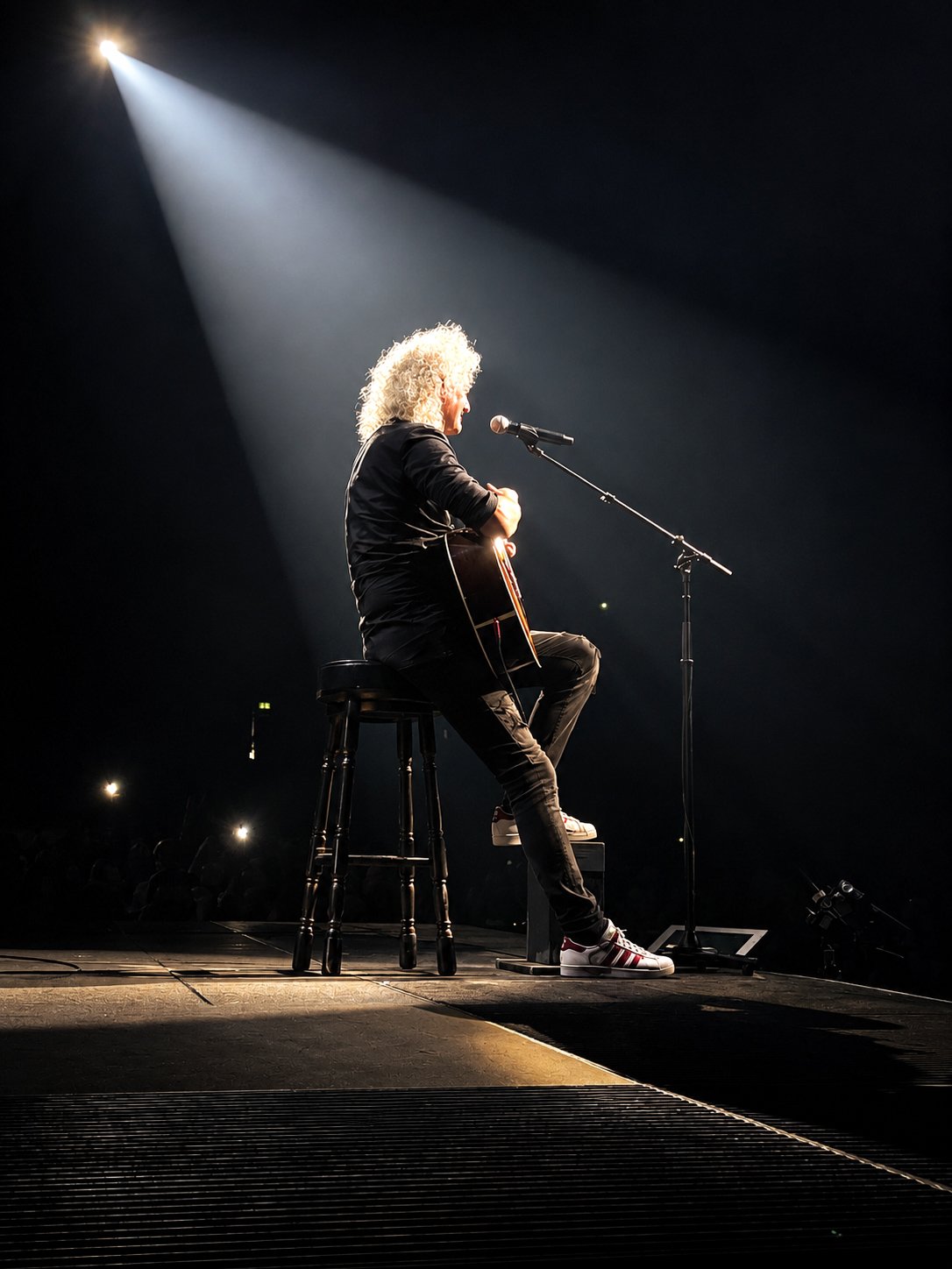 A singer with curly blonde hair sitting on a stool, playing an acoustic guitar and performing on stage with a spotlight shining down on them.