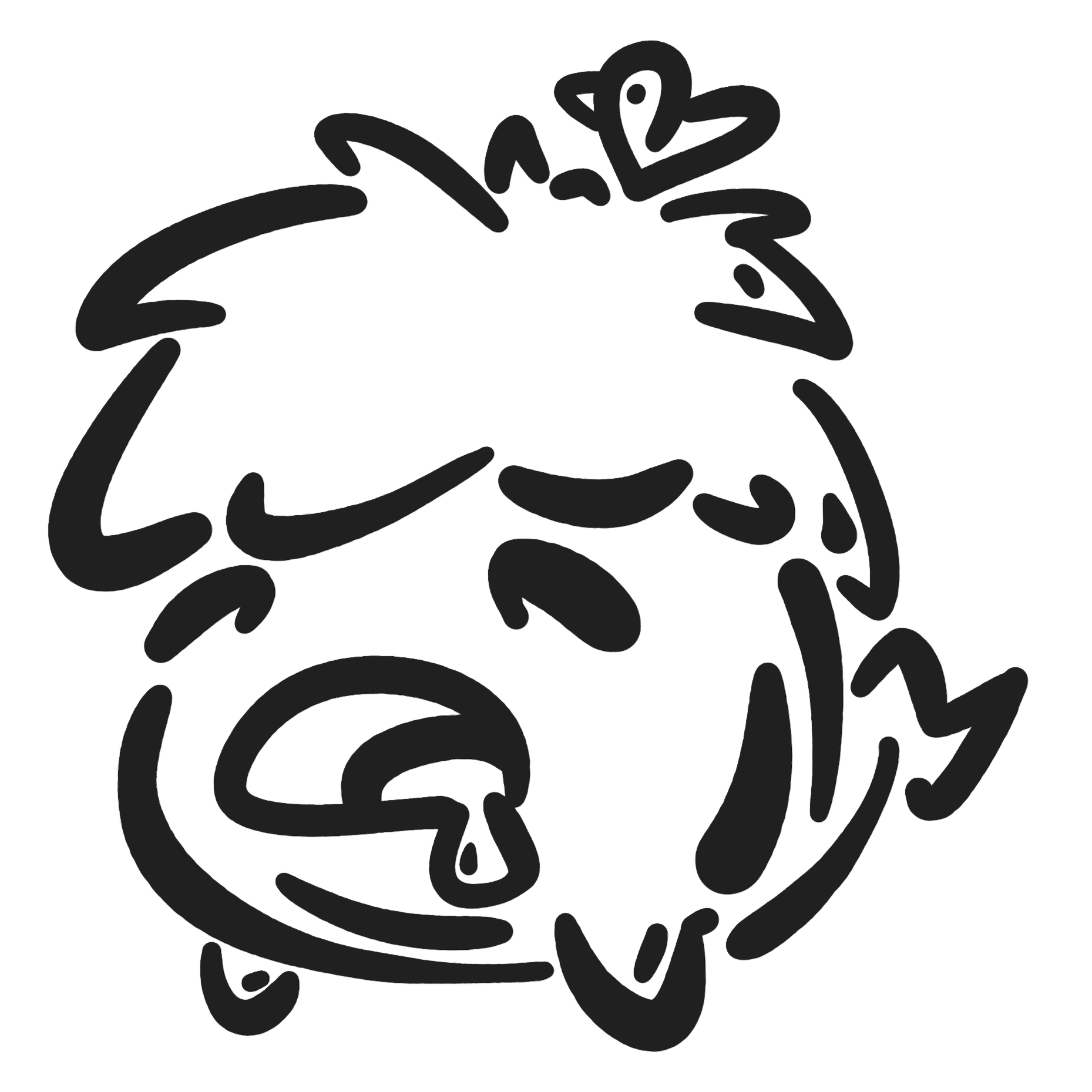 Line drawing of a stylized chicken or rooster with a halo above its head.