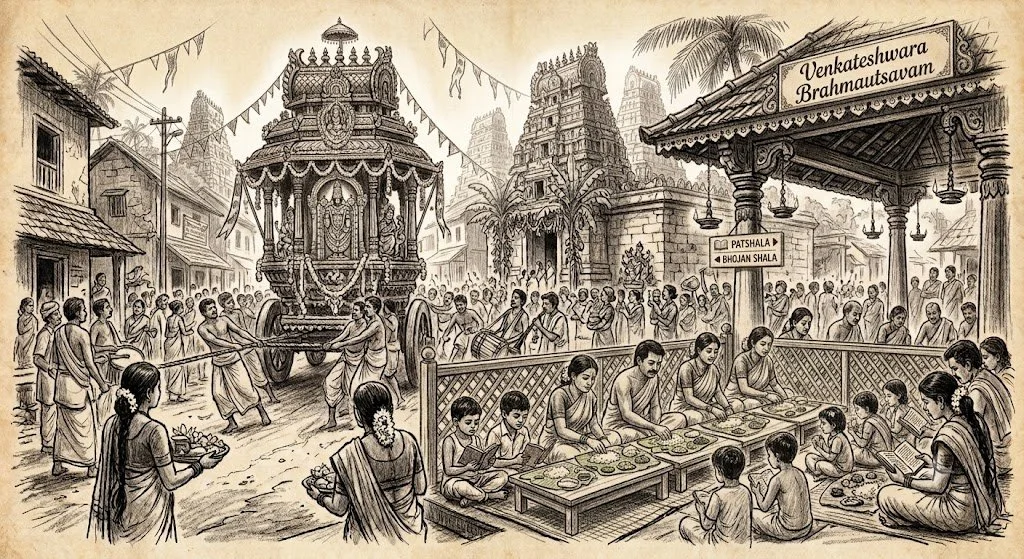 A depiction of a traditional Indian festival or procession with a decorated chariot, people playing musical instruments, and women and children participating in a communal activity.