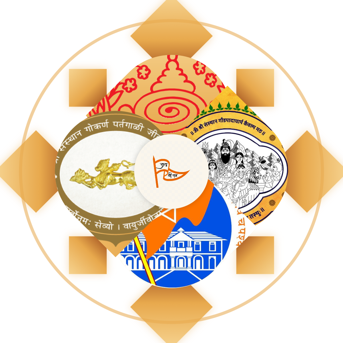 Collection of stickers with Hindi text and images, including a golden lion, mountains, buildings, and a group of historic figures.