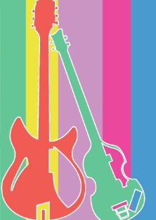 Colorful abstract illustration of a guitar and a ukulele against a striped background