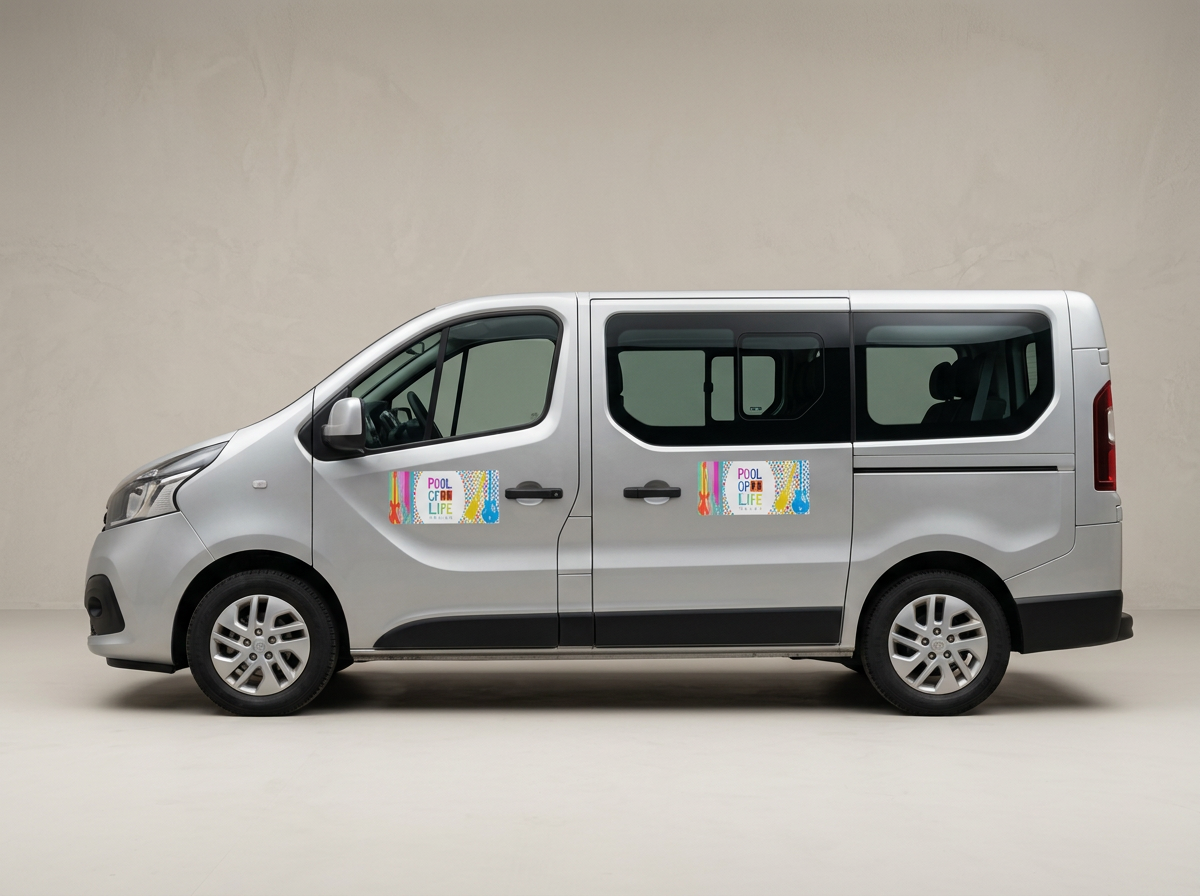Silver van with colorful decals on the doors that read 'Pool for Life' parked against a plain beige wall.