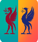 A stylized logo featuring a red, griffin-like creature on the left and a blue, phoenix-like creature on the right, separated by a vertical split background with teal and peach colors.