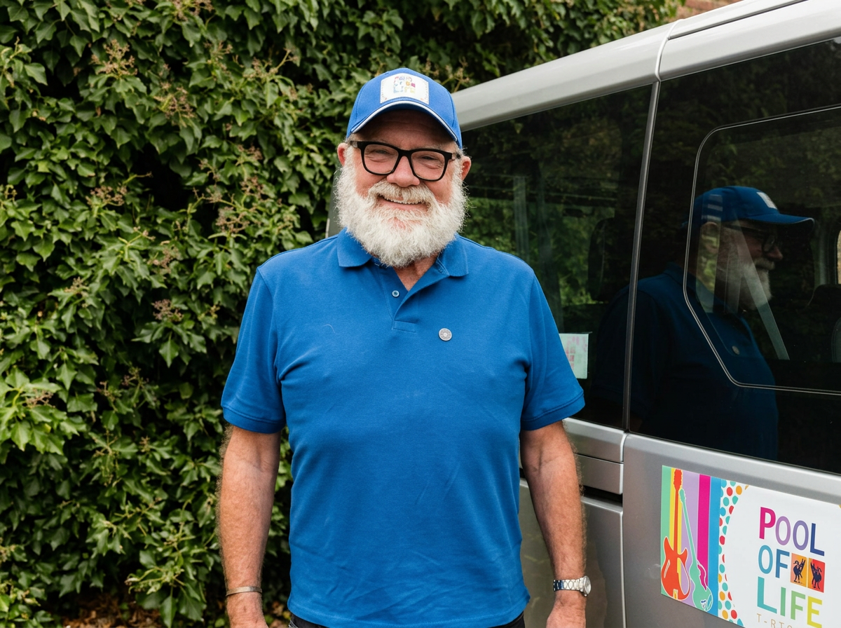 A smiling older man with a white beard, glasses, and a blue cap in a blue polo shirt standing outdoors next to a van with a colorful "Pool of Life" sign on it, against a leafy green background.