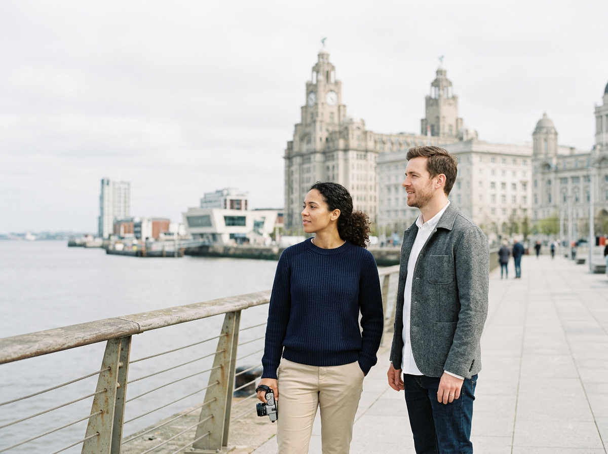 Couple standing on Liverpool waterfront promenade with historic buildings in background
