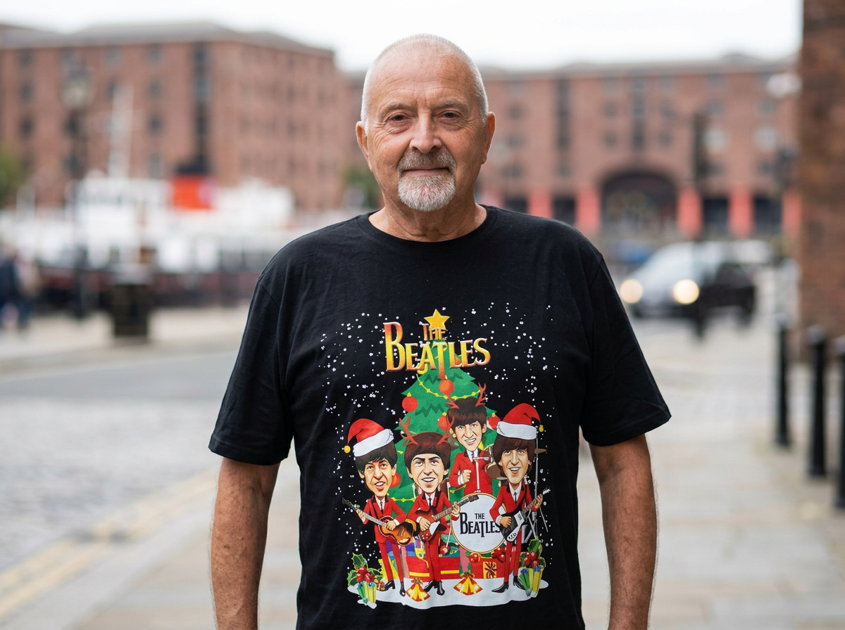 Older man with gray hair and beard standing outdoors in a city, wearing a black T-shirt with a cartoon of The Beatles dressed in Christmas attire, Christmas tree, presents, and snowflakes.