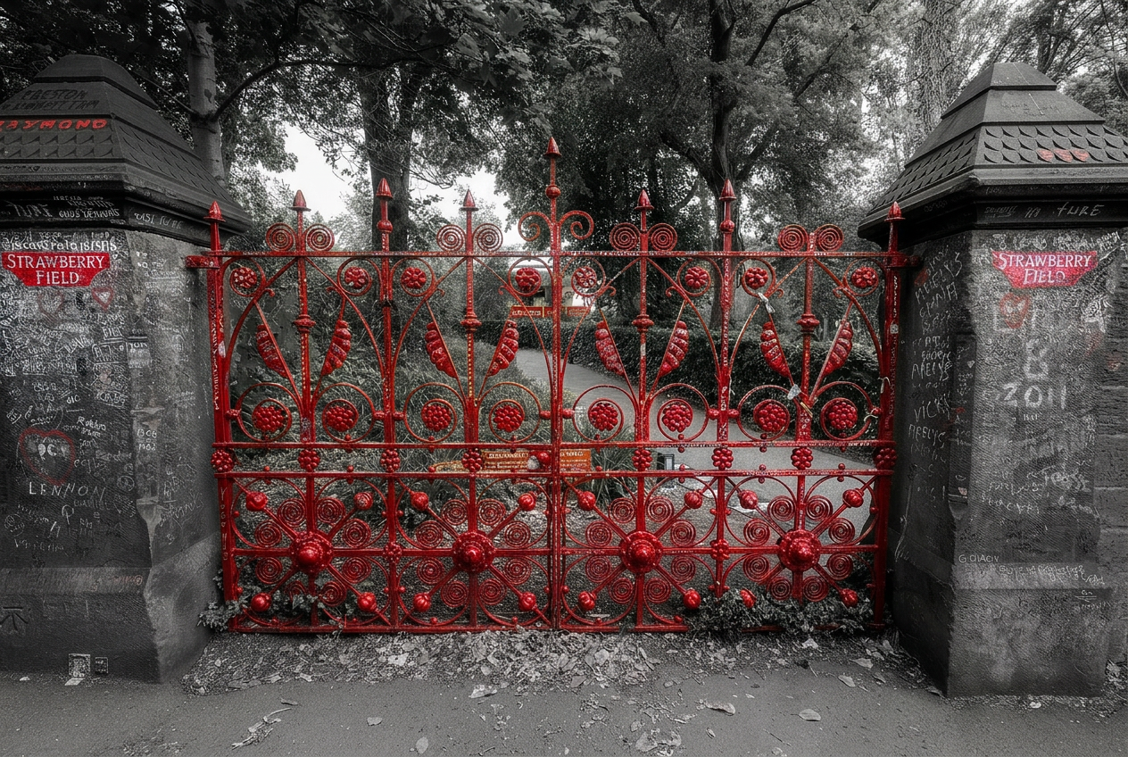 Strawberry Field Liverpool red ornate gate with black stone pillars on each side, covered in graffiti and drawings, with a park and trees visible in the background.