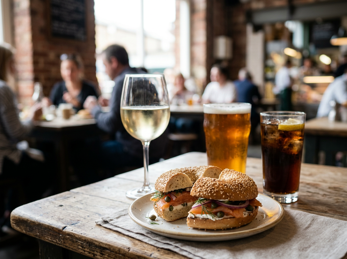 Sandwiches on a plate with a glass of white wine, a pint of beer, and a glass of soda with lemon in a busy restaurant or cafe setting.