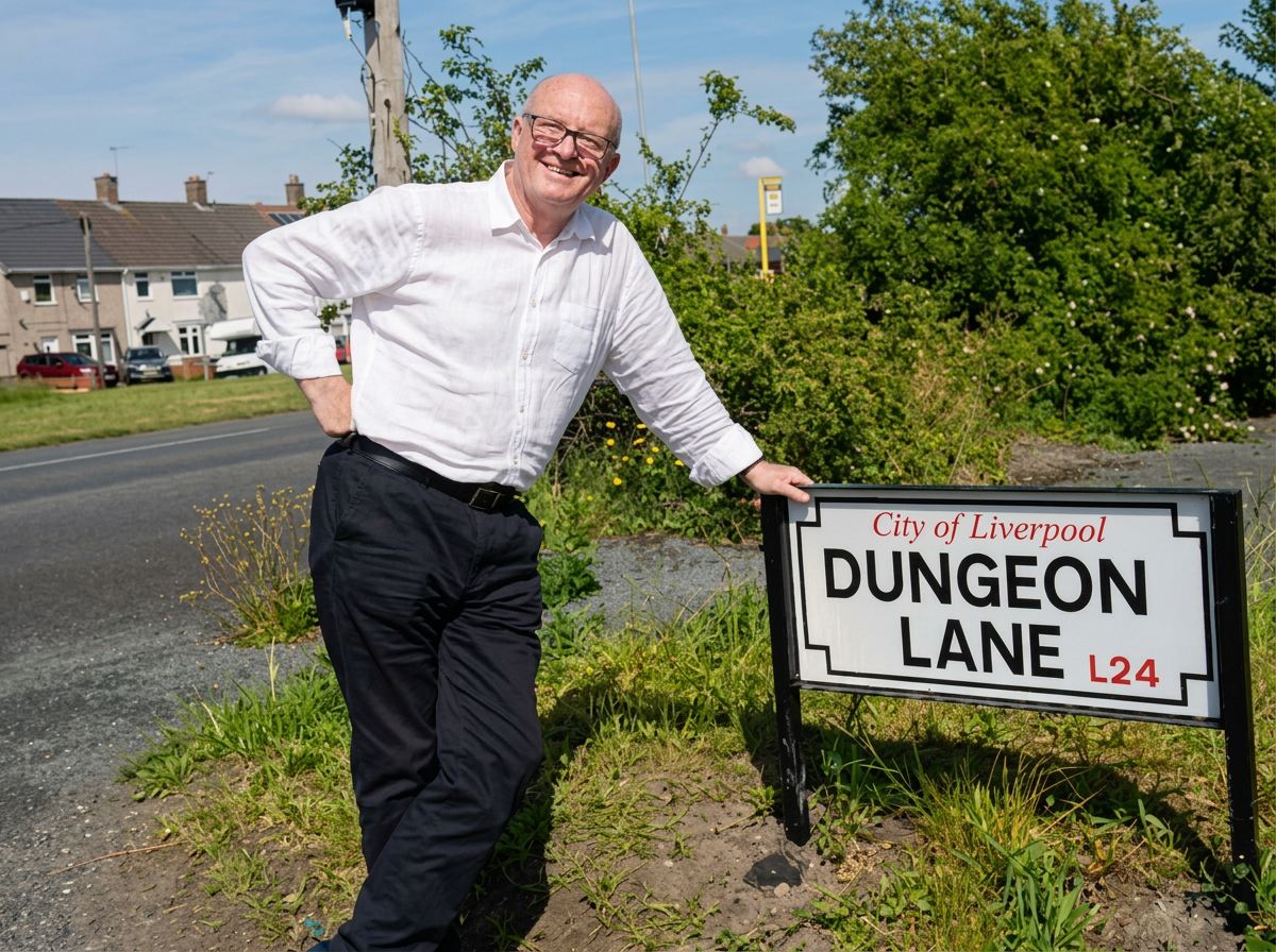 A smiling man in a white shirt and black pants standing next to a street sign that reads 'Dungeon Lane' in Liverpool, with houses, trees, and a clear sky in the background.