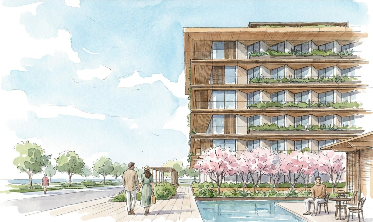Watercolor architectural rendering of a modern waterfront apartment building with planted balconies, flowering trees, pool, and pedestrians.
