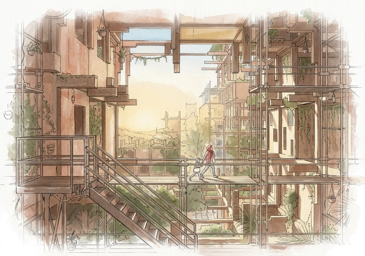 Architectural illustration of a lush, multi-level pedestrian walkway connecting modern buildings, with stairs, balconies, hanging plants, and two people walking.