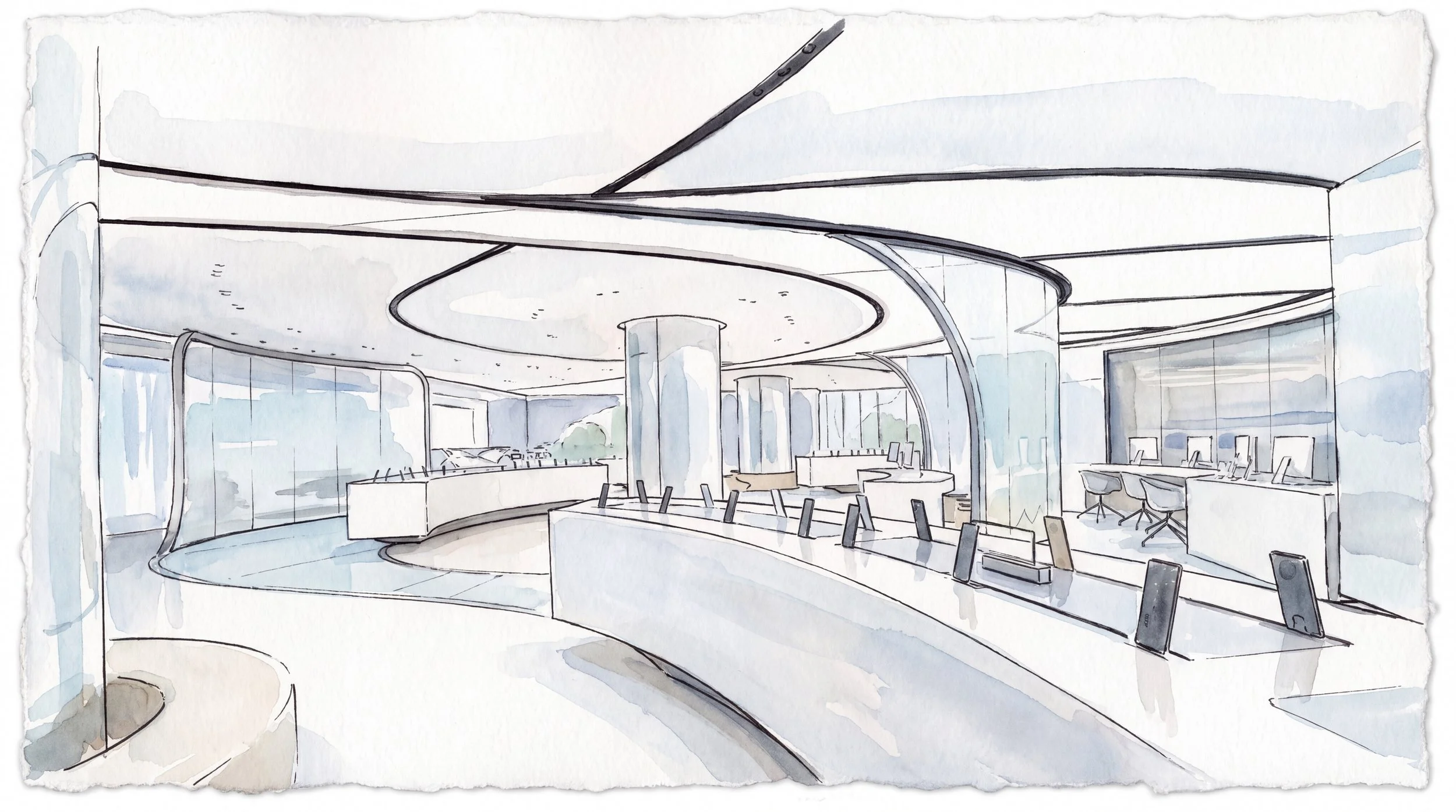 Watercolor architectural rendering of a modern curved retail showroom interior with display counters, digital tablets, circular ceiling details, and floor-to-ceiling windows